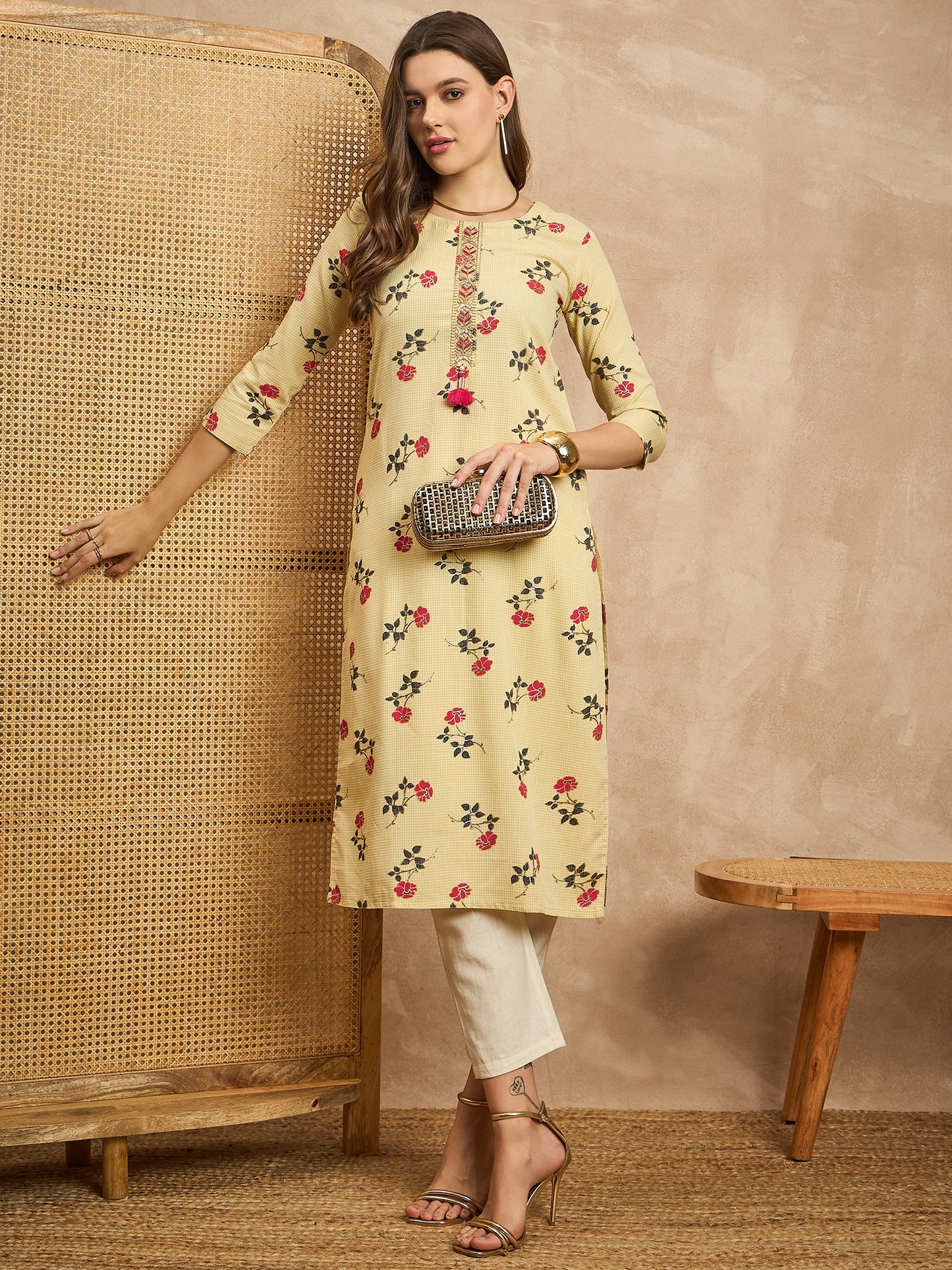 Floral Printed Beads and Stones Straight Kurta