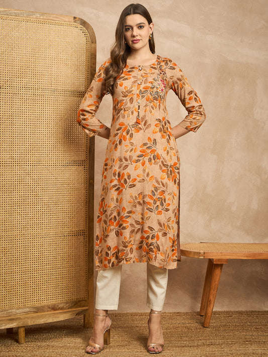 Floral Printed Beads and Stones Straight Kurta