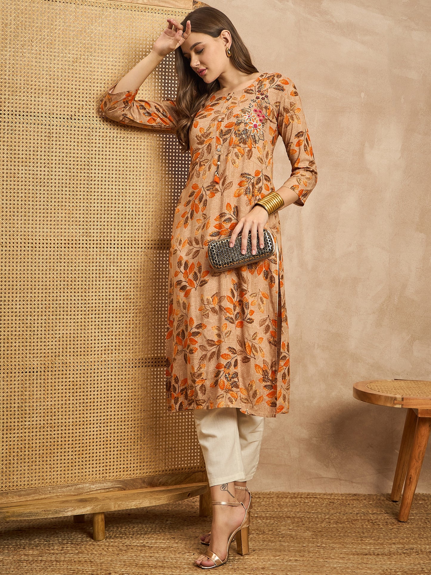 Floral Printed Beads and Stones Straight Kurta
