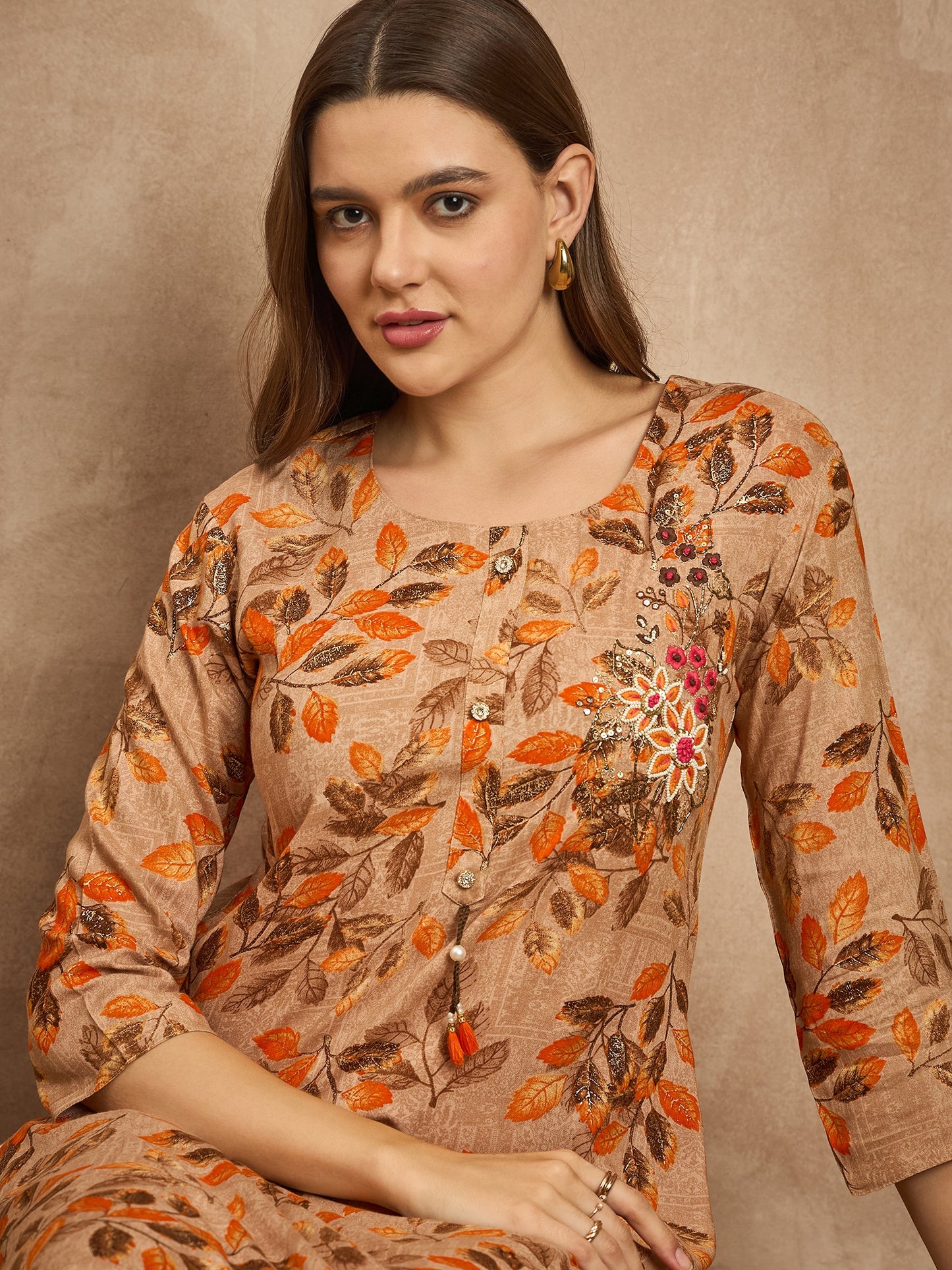 Floral Printed Beads and Stones Straight Kurta