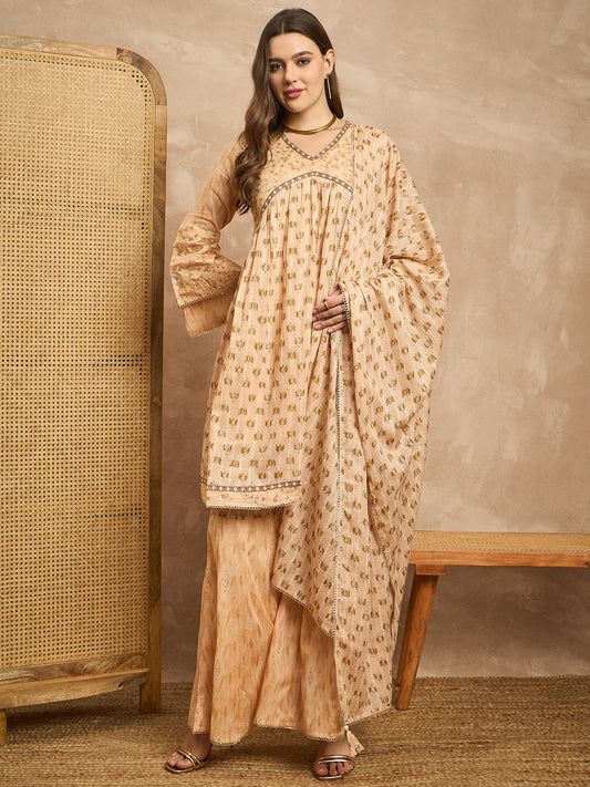 Women Floral Printed Empire Beads and Stones Kurta with Palazzos & With Dupatta