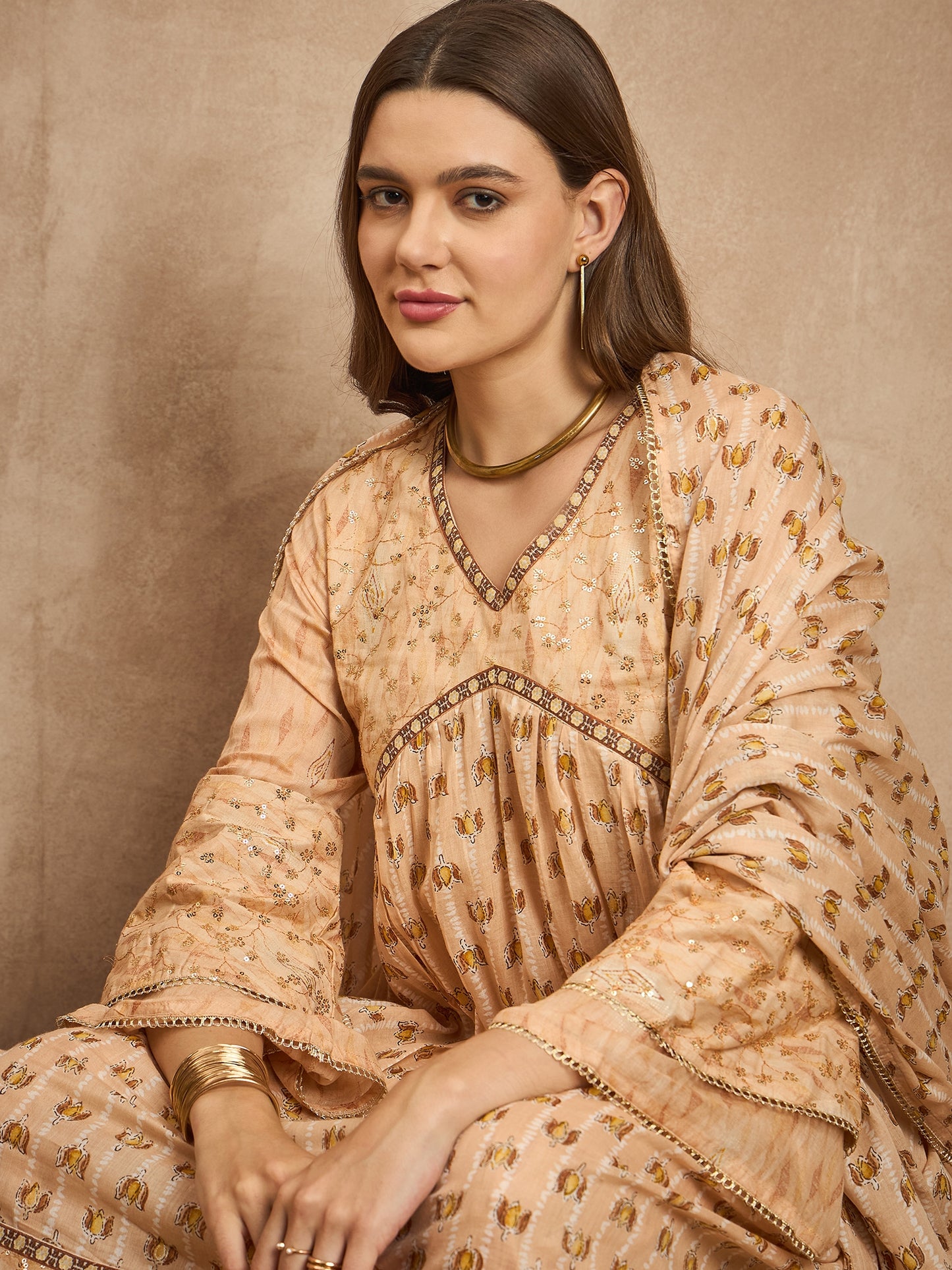 Women Floral Printed Empire Beads and Stones Kurta with Palazzos & With Dupatta
