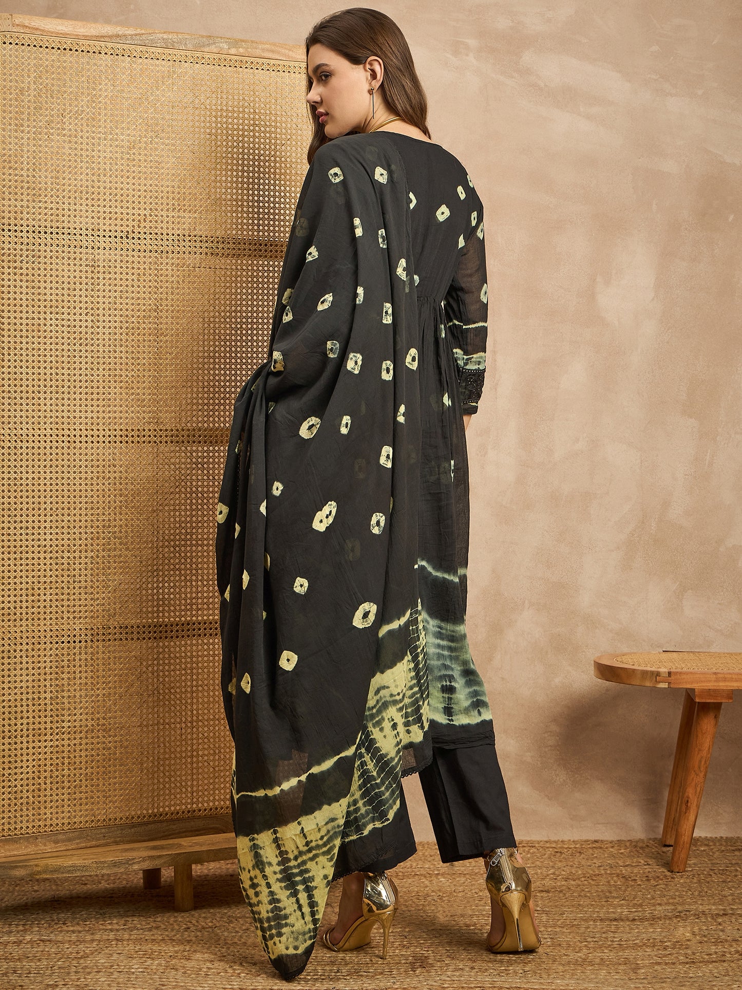 Women Bandhani Printed Beads and Stones Anarkali Kurta with Trousers & Dupatta