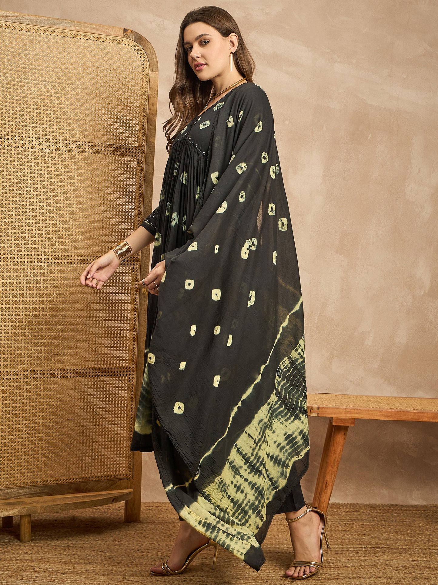 Women Bandhani Printed Beads and Stones Anarkali Kurta with Trousers & Dupatta