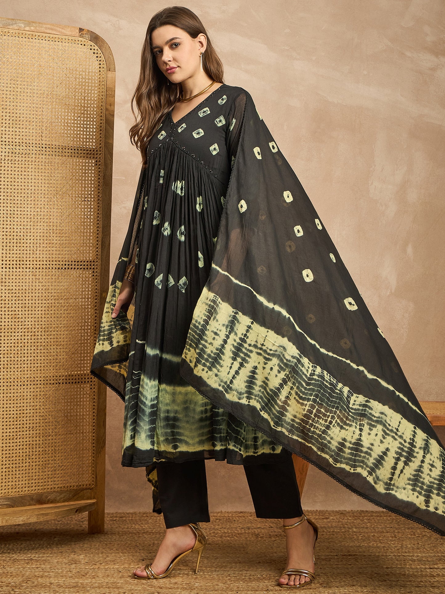 Women Bandhani Printed Beads and Stones Anarkali Kurta with Trousers & Dupatta