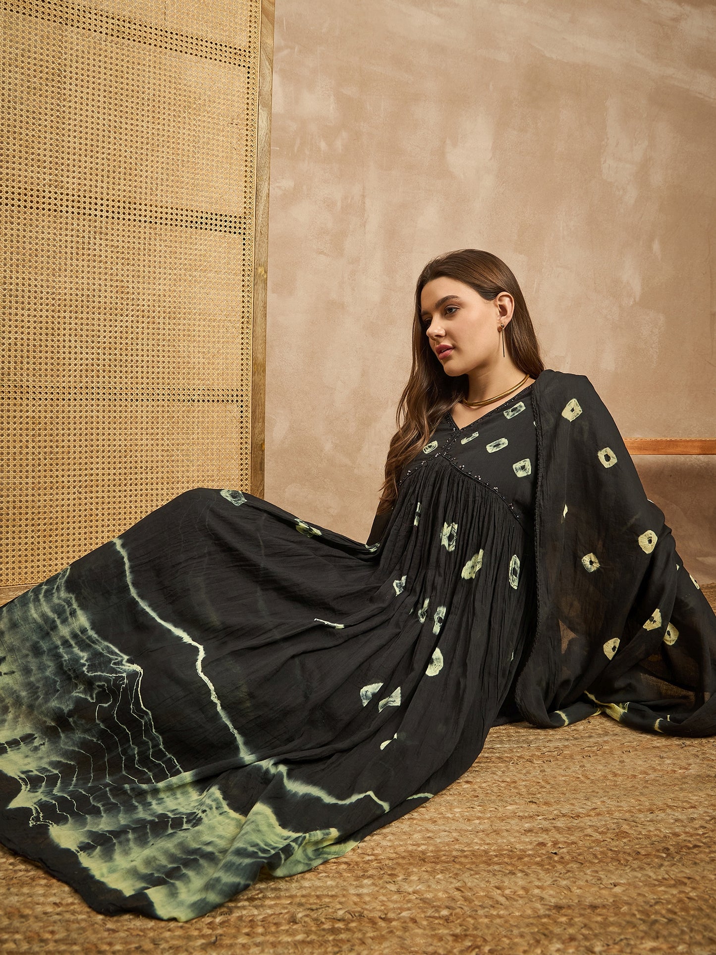 Women Bandhani Printed Beads and Stones Anarkali Kurta with Trousers & Dupatta