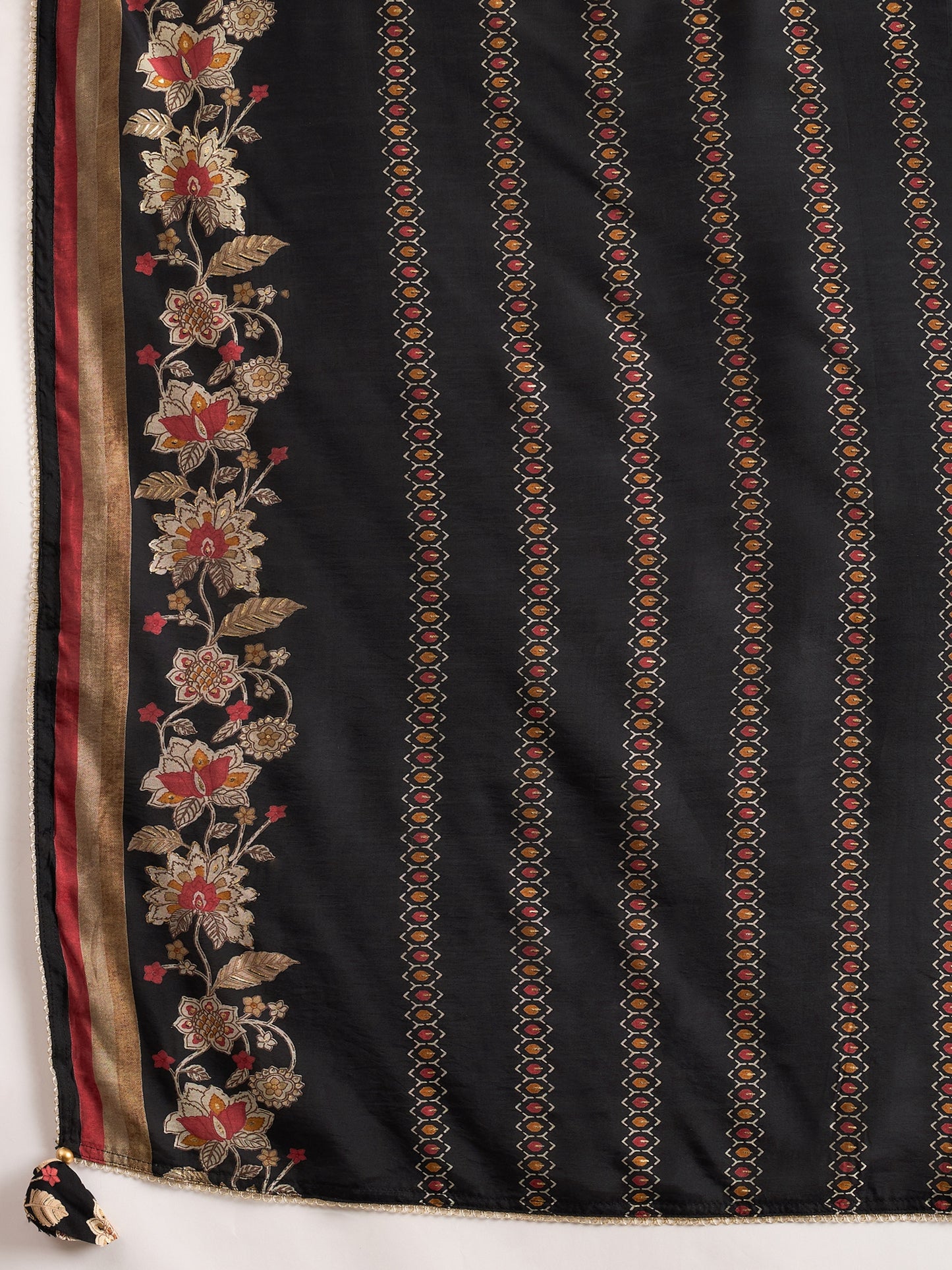 Floral Printed V-Neck Thread Work Pleated A-Line Kurta With Trousers & Dupatta