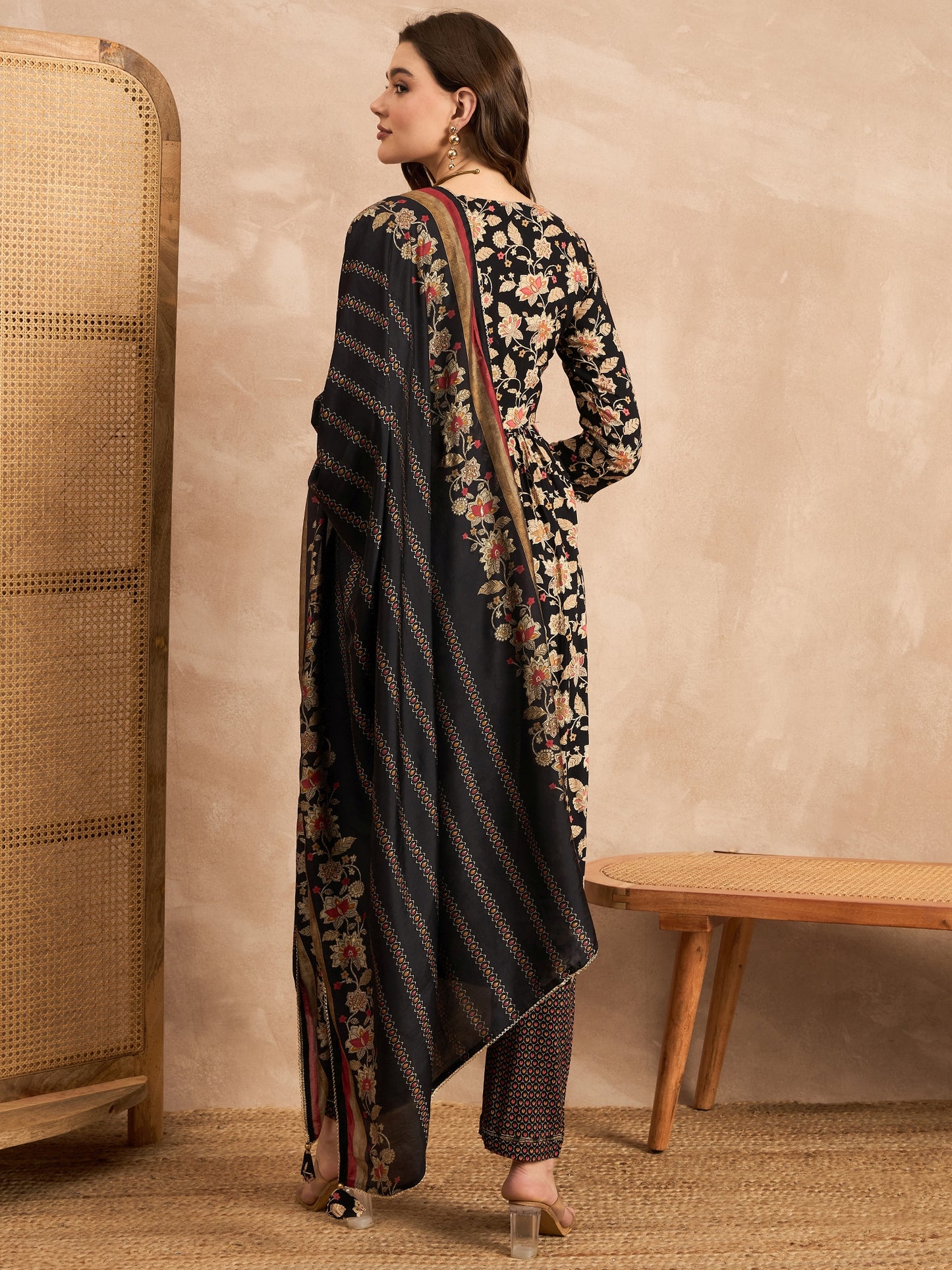Floral Printed V-Neck Thread Work Pleated A-Line Kurta With Trousers & Dupatta