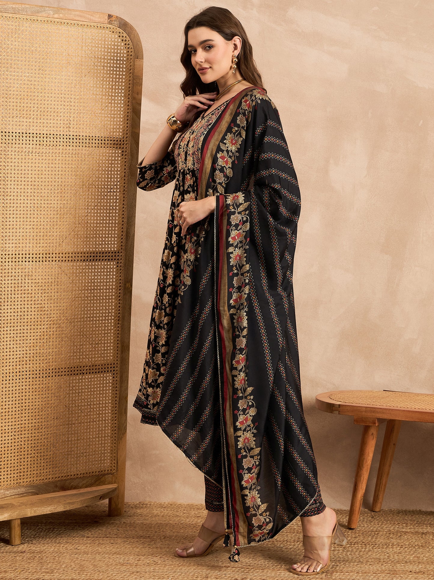 Floral Printed V-Neck Thread Work Pleated A-Line Kurta With Trousers & Dupatta