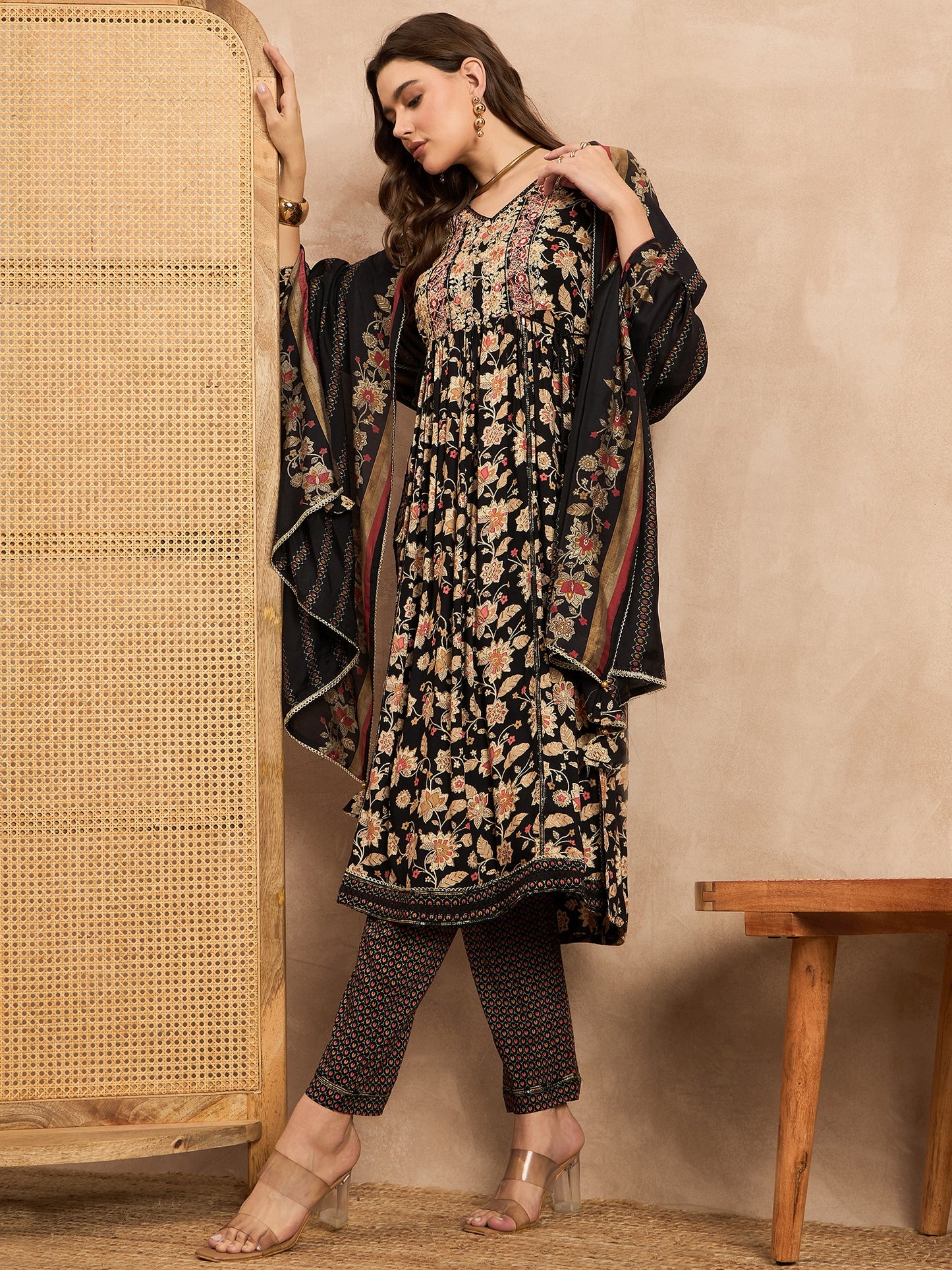 Floral Printed V-Neck Thread Work Pleated A-Line Kurta With Trousers & Dupatta