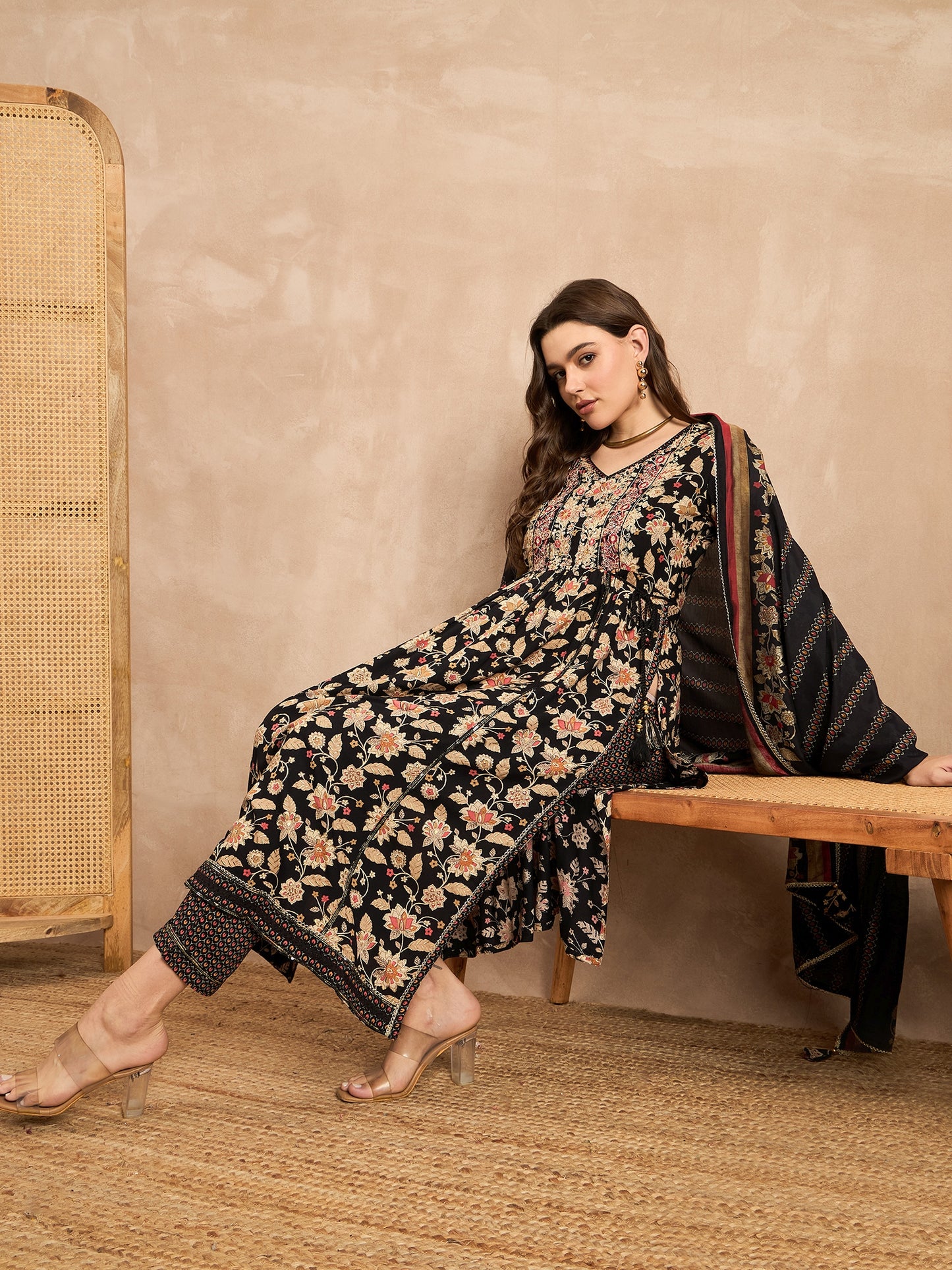 Floral Printed V-Neck Thread Work Pleated A-Line Kurta With Trousers & Dupatta