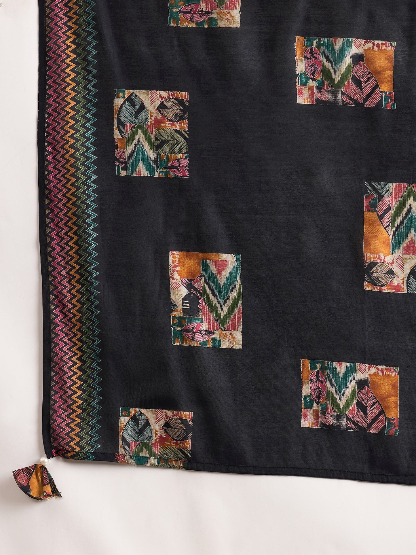 Geometric Printed Thread Work Pleated Chanderi Silk Kurta With Trousers & Dupatta