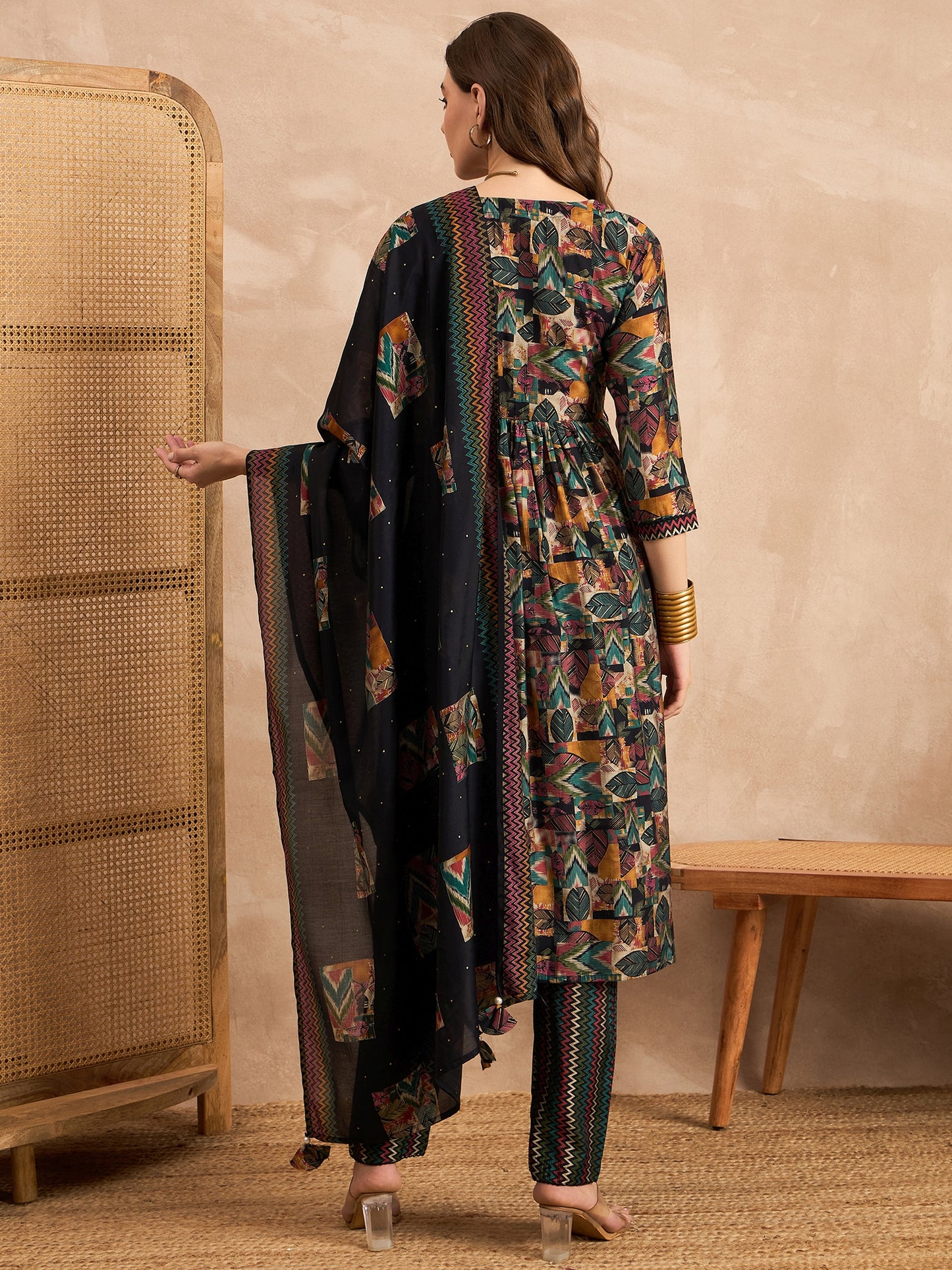 Geometric Printed Thread Work Pleated Chanderi Silk Kurta With Trousers & Dupatta