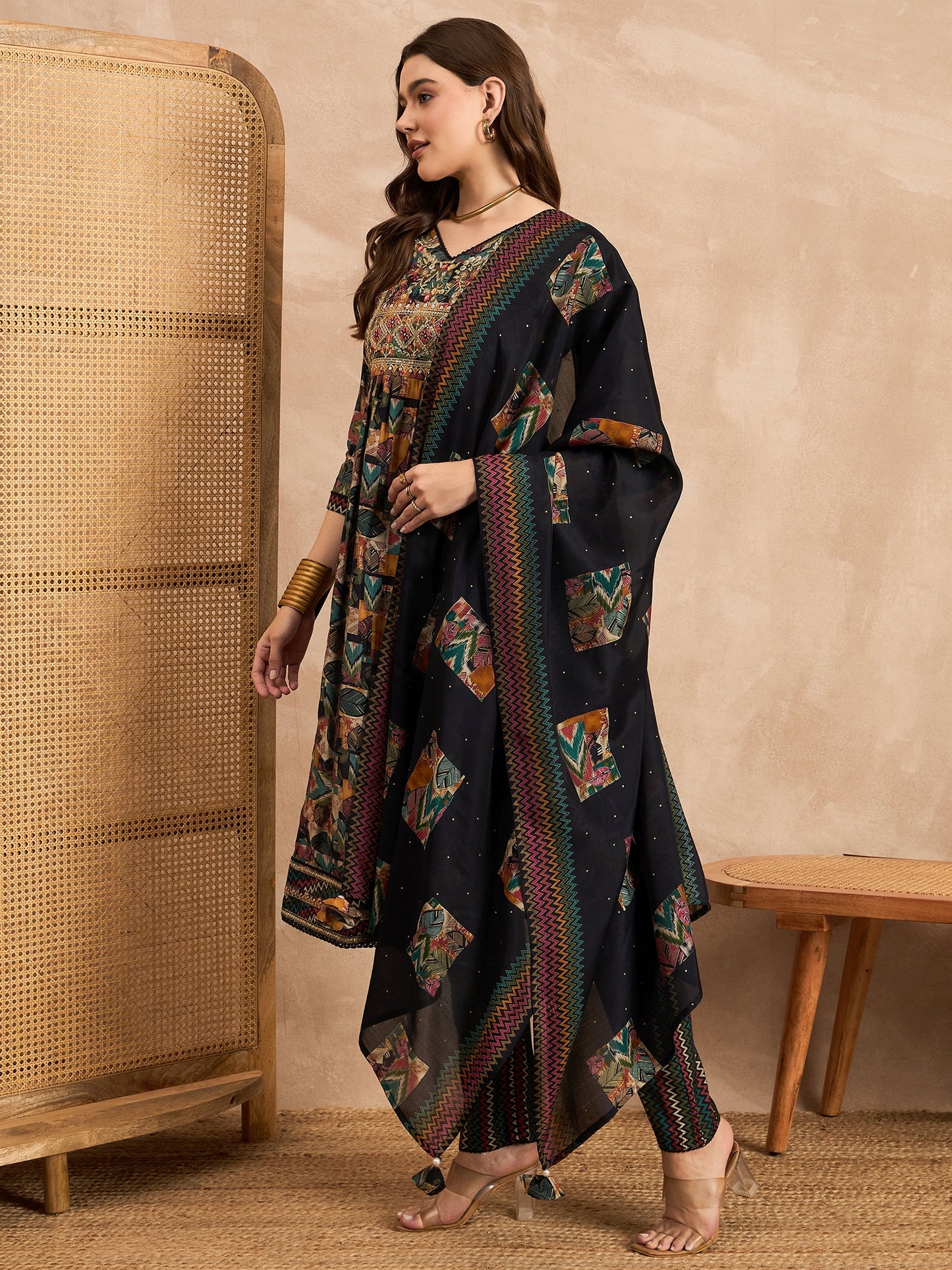 Geometric Printed Thread Work Pleated Chanderi Silk Kurta With Trousers & Dupatta
