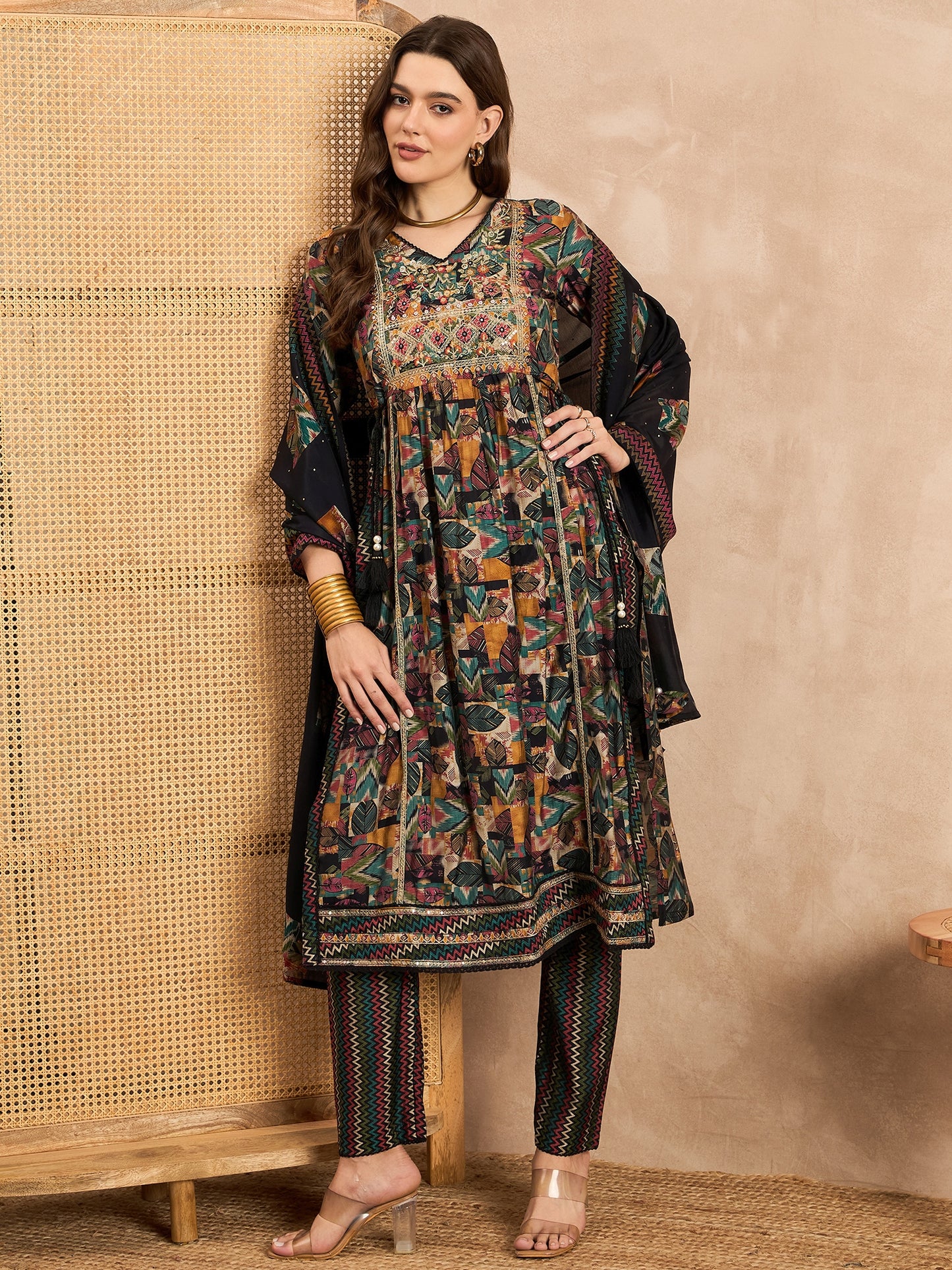 Geometric Printed Thread Work Pleated Chanderi Silk Kurta With Trousers & Dupatta