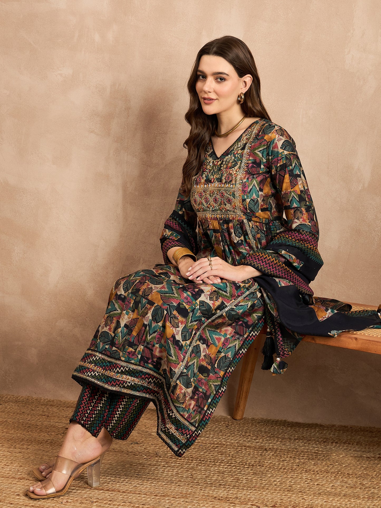 Geometric Printed Thread Work Pleated Chanderi Silk Kurta With Trousers & Dupatta