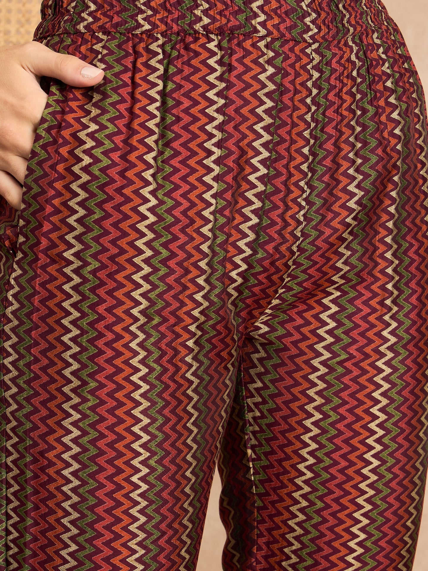 Geometric Printed Pleated Chanderi Silk Straight Kurta with Trousers & Dupatta