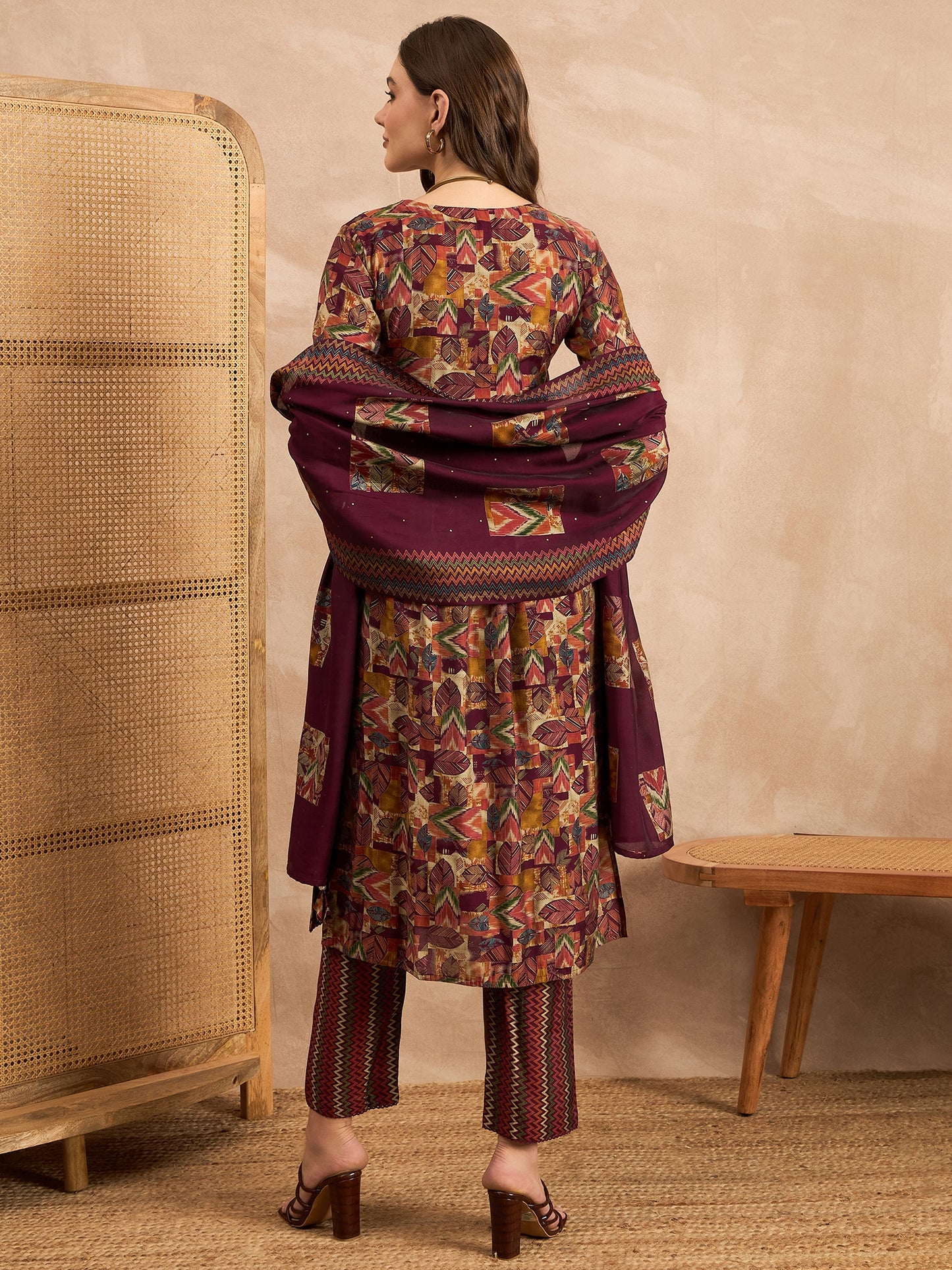 Geometric Printed Pleated Chanderi Silk Straight Kurta with Trousers & Dupatta