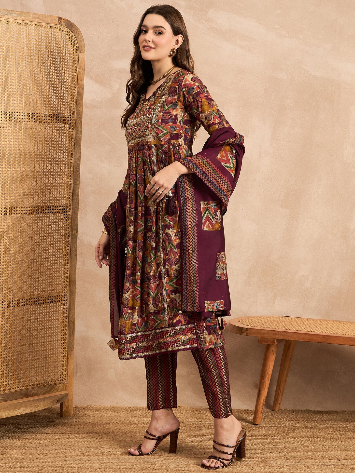Geometric Printed Pleated Chanderi Silk Straight Kurta with Trousers & Dupatta
