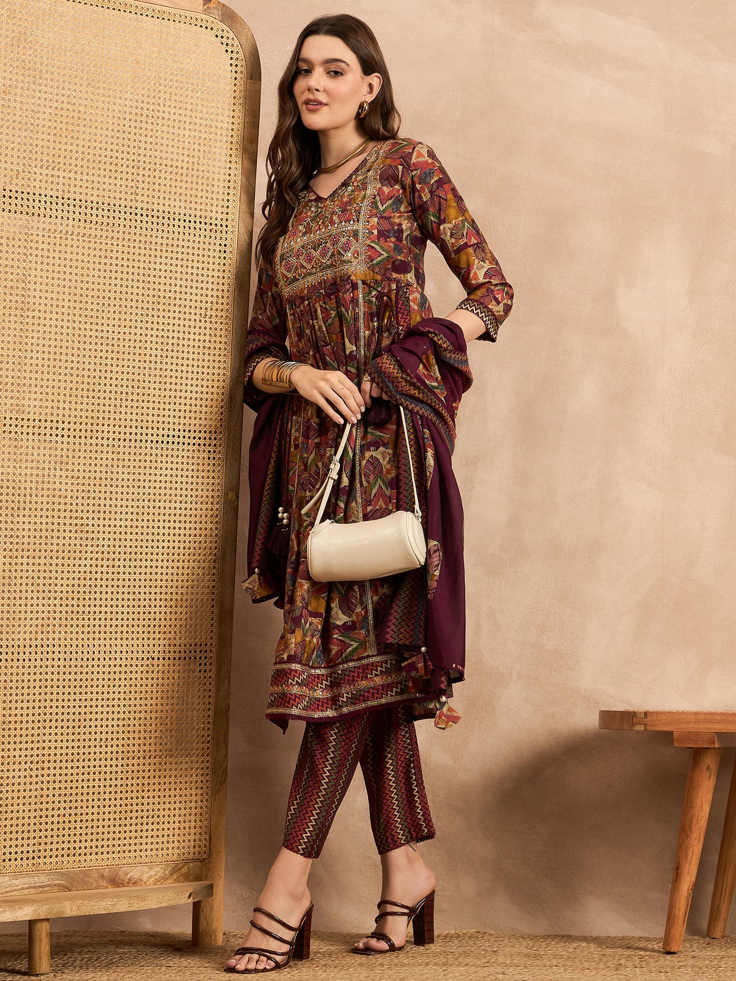 Geometric Printed Pleated Chanderi Silk Straight Kurta with Trousers & Dupatta