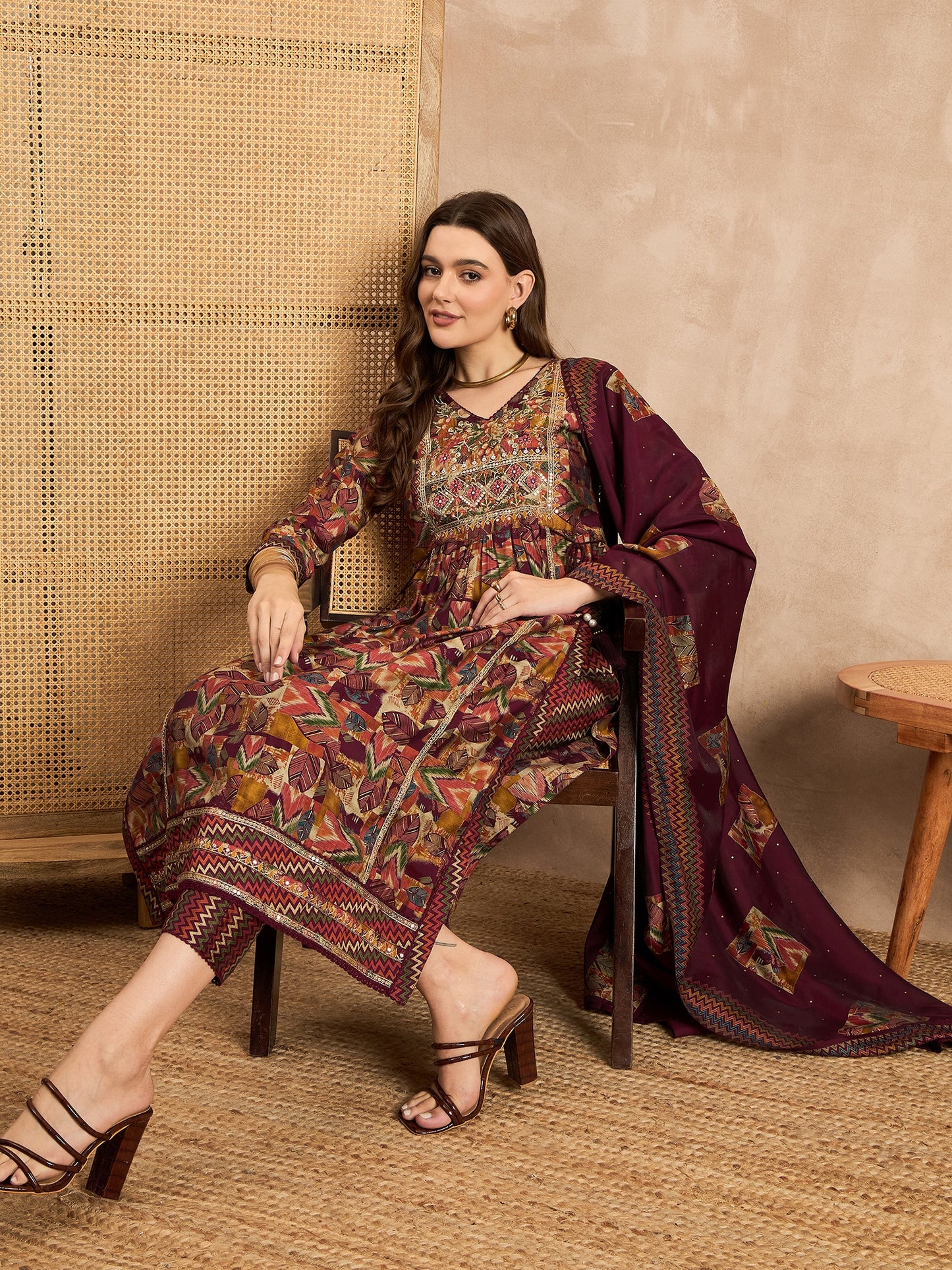 Geometric Printed Pleated Chanderi Silk Straight Kurta with Trousers & Dupatta