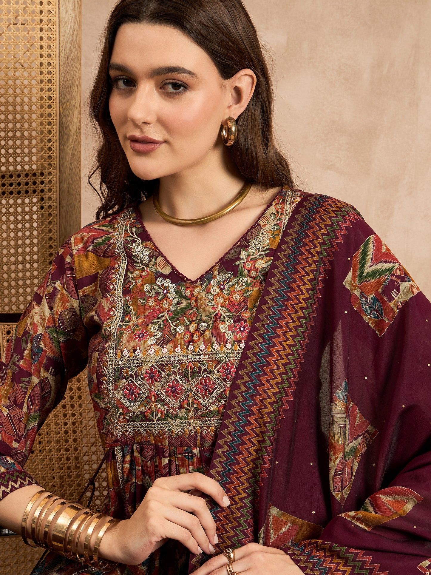 Geometric Printed Pleated Chanderi Silk Straight Kurta with Trousers & Dupatta