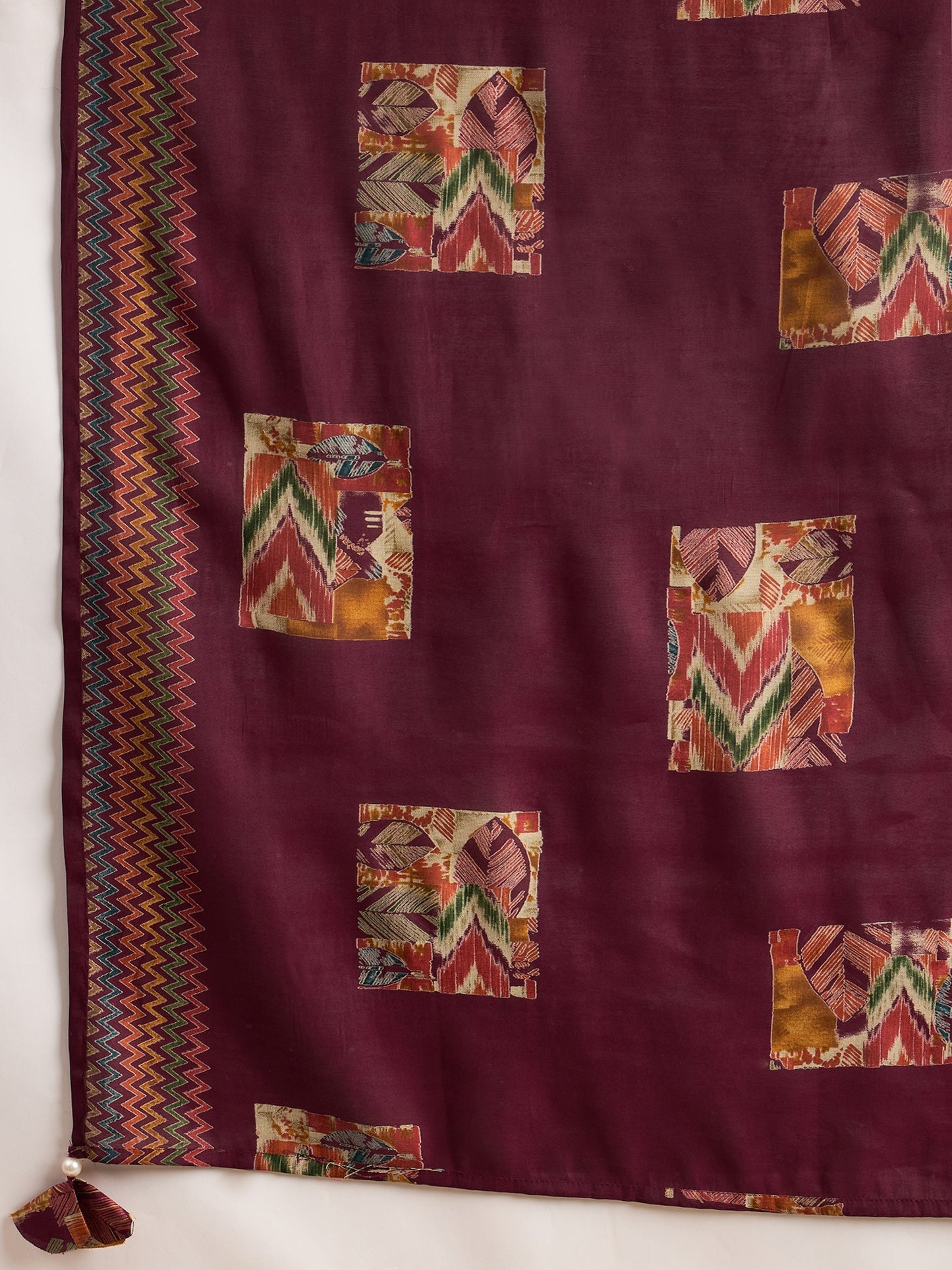 Geometric Printed Pleated Chanderi Silk Straight Kurta with Trousers & Dupatta