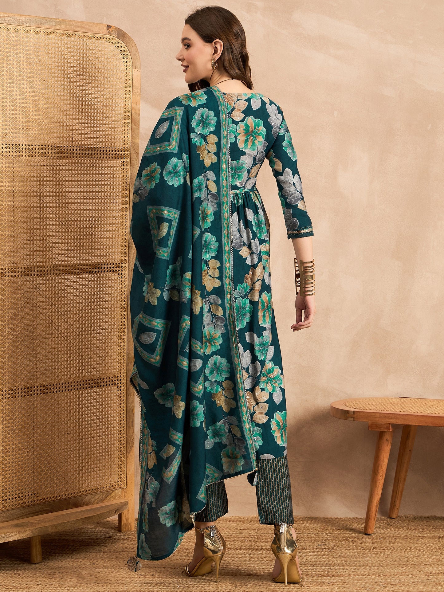 Floral Printed Mirror Work Pleated Chanderi Silk A-Line Kurta With Trouser & Dupatta