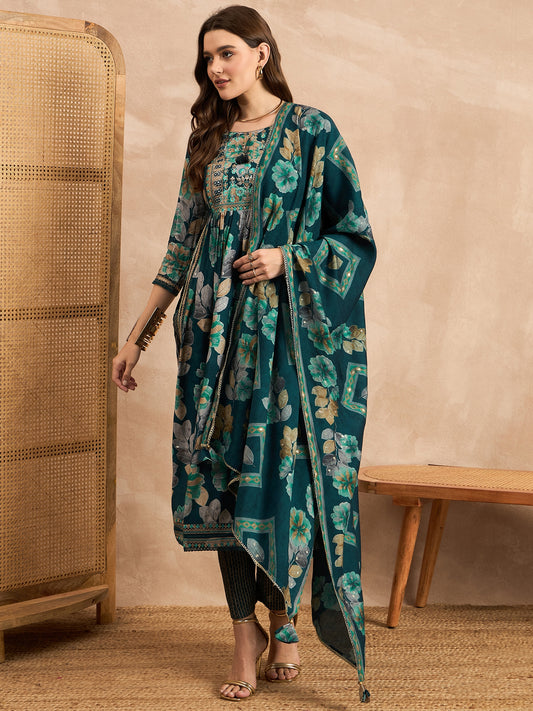 Floral Printed Mirror Work Pleated Chanderi Silk A-Line Kurta With Trouser & Dupatta