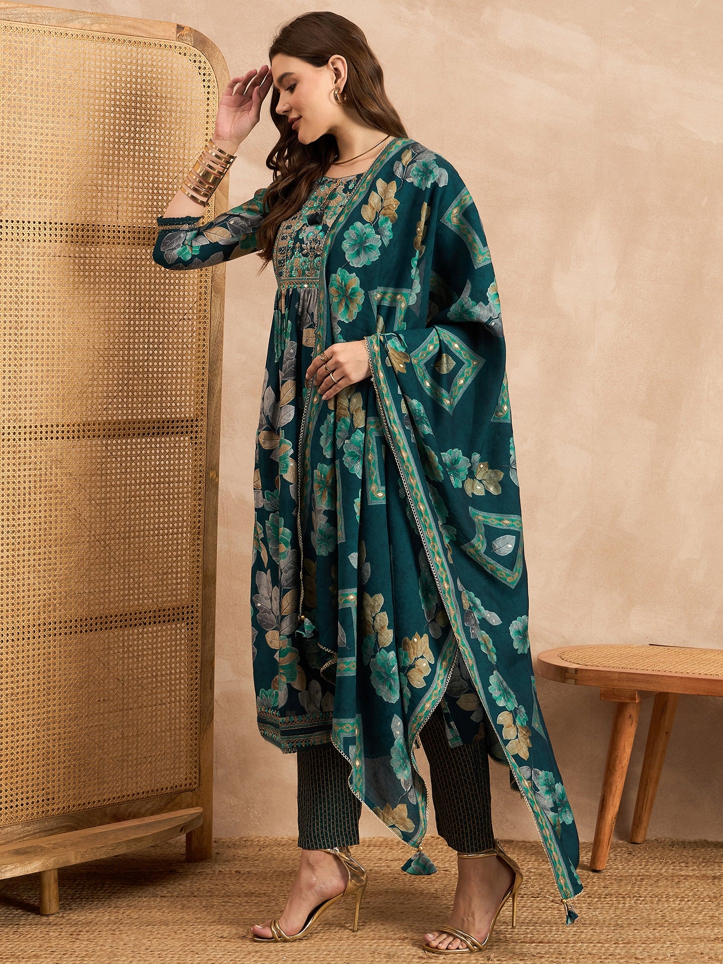 Floral Printed Mirror Work Pleated Chanderi Silk A-Line Kurta With Trouser & Dupatta