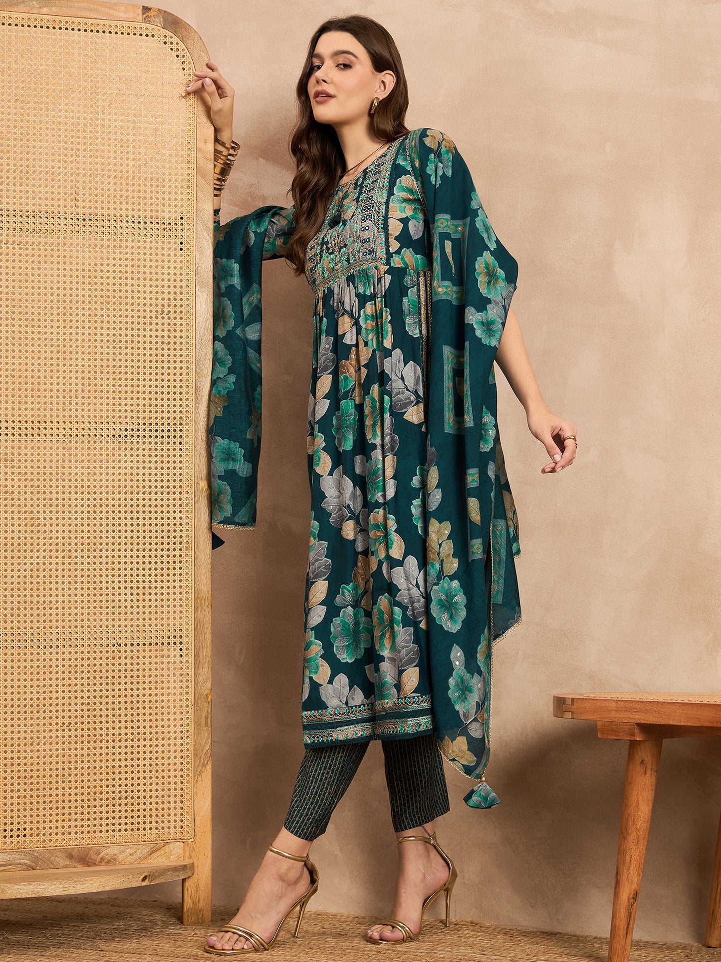 Floral Printed Mirror Work Pleated Chanderi Silk A-Line Kurta With Trouser & Dupatta