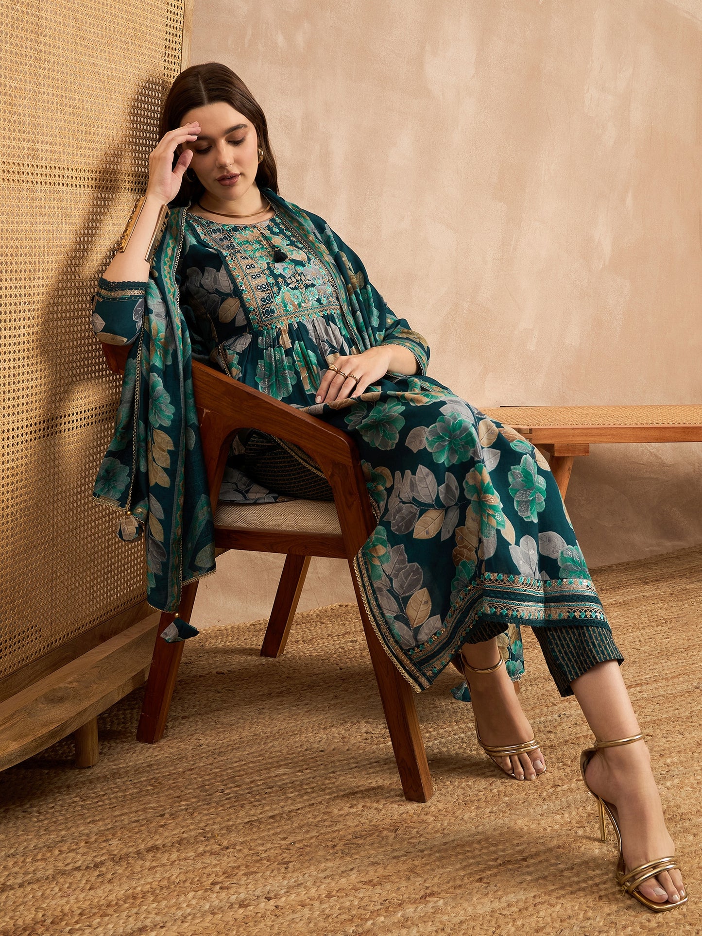 Floral Printed Mirror Work Pleated Chanderi Silk A-Line Kurta With Trouser & Dupatta