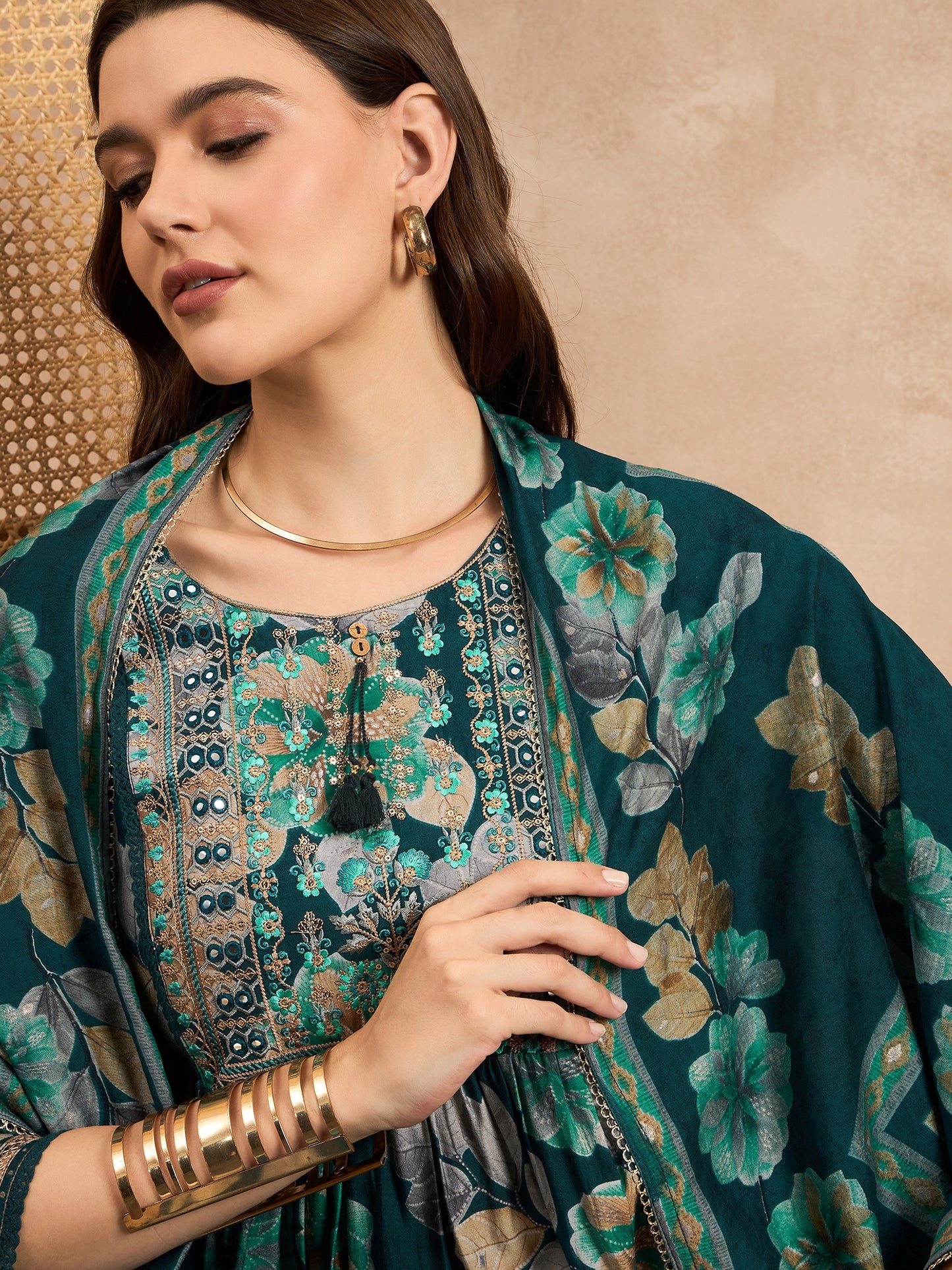 Floral Printed Mirror Work Pleated Chanderi Silk A-Line Kurta With Trouser & Dupatta