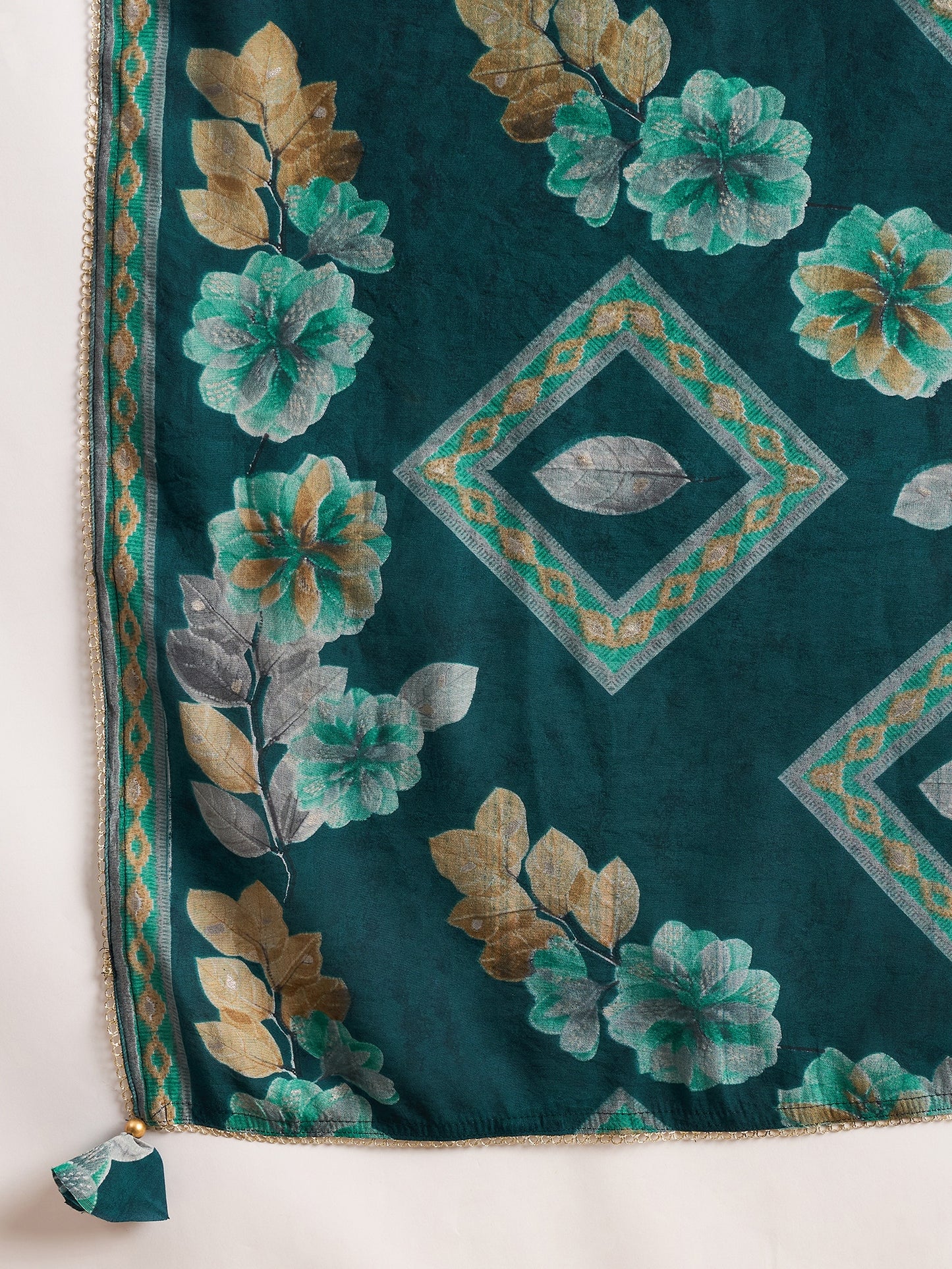 Floral Printed Mirror Work Pleated Chanderi Silk A-Line Kurta With Trouser & Dupatta