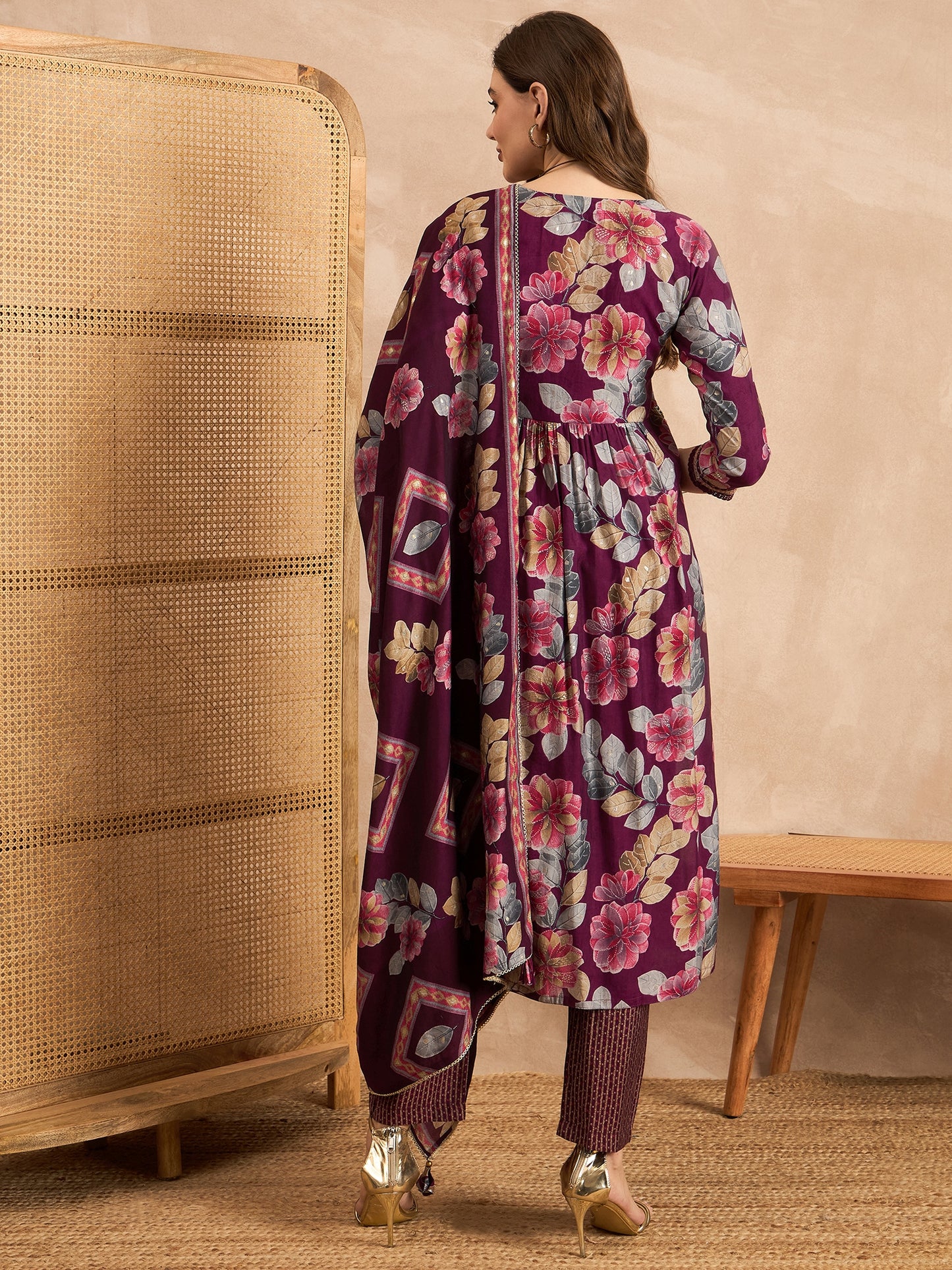 Floral Printed Pleated Chanderi Silk A-Line Kurta with Trousers & Dupatta