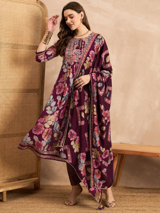 Floral Printed Pleated Chanderi Silk A-Line Kurta with Trousers & Dupatta