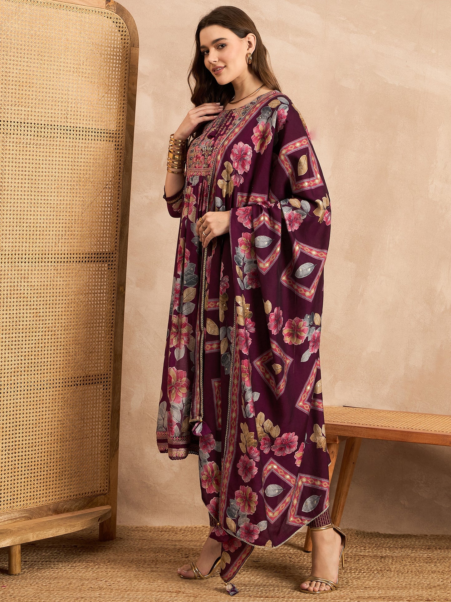 Floral Printed Pleated Chanderi Silk A-Line Kurta with Trousers & Dupatta