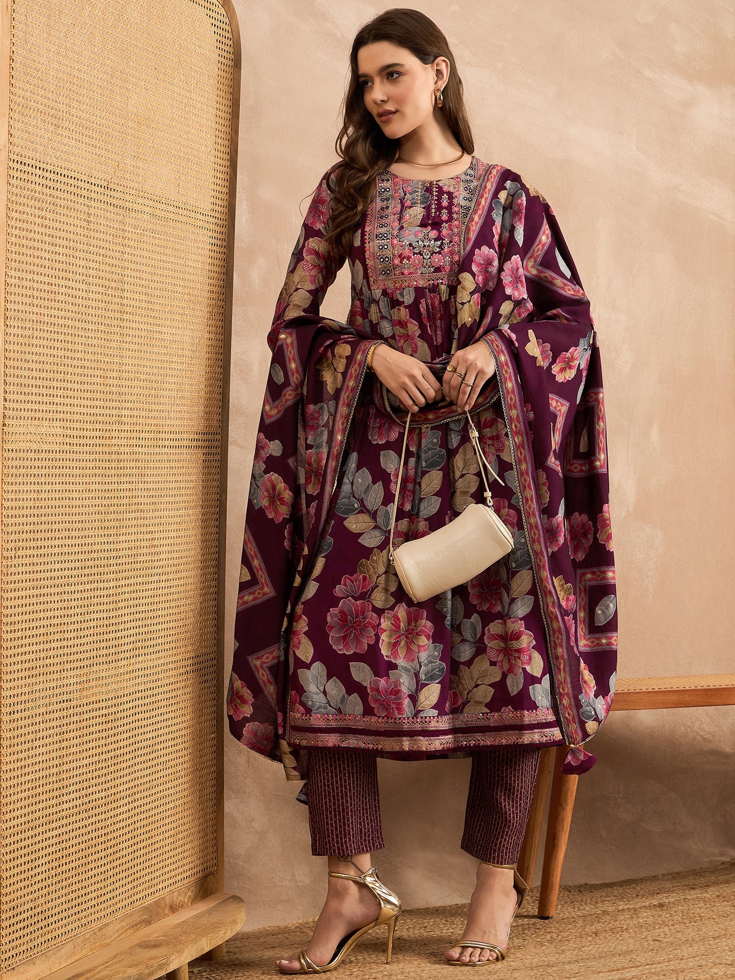 Floral Printed Pleated Chanderi Silk A-Line Kurta with Trousers & Dupatta