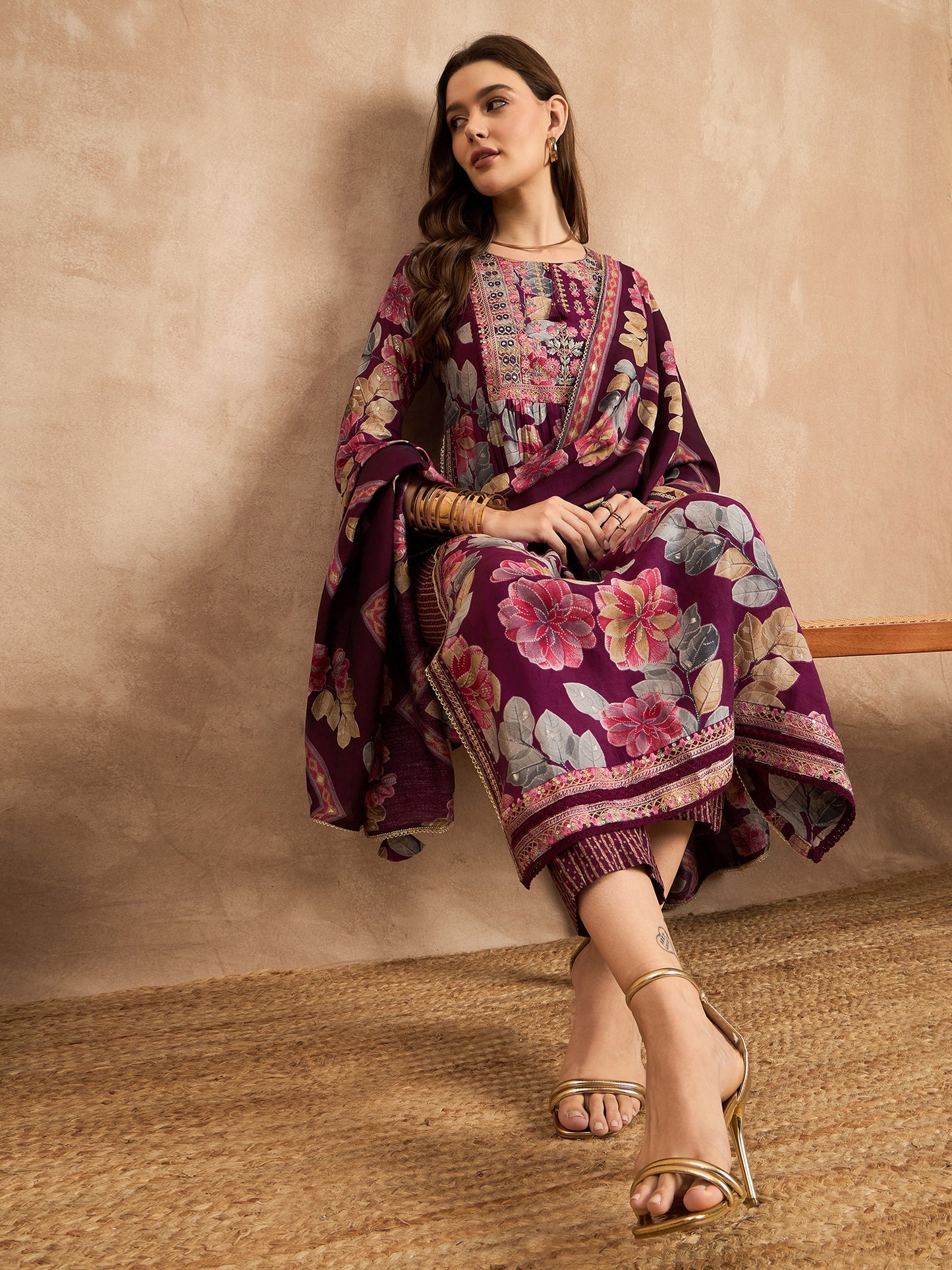Floral Printed Pleated Chanderi Silk A-Line Kurta with Trousers & Dupatta