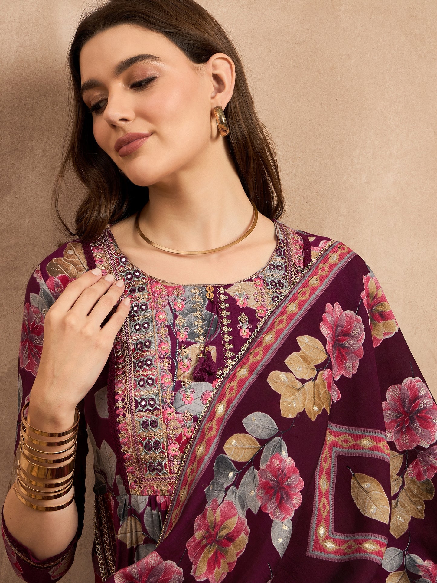 Floral Printed Pleated Chanderi Silk A-Line Kurta with Trousers & Dupatta