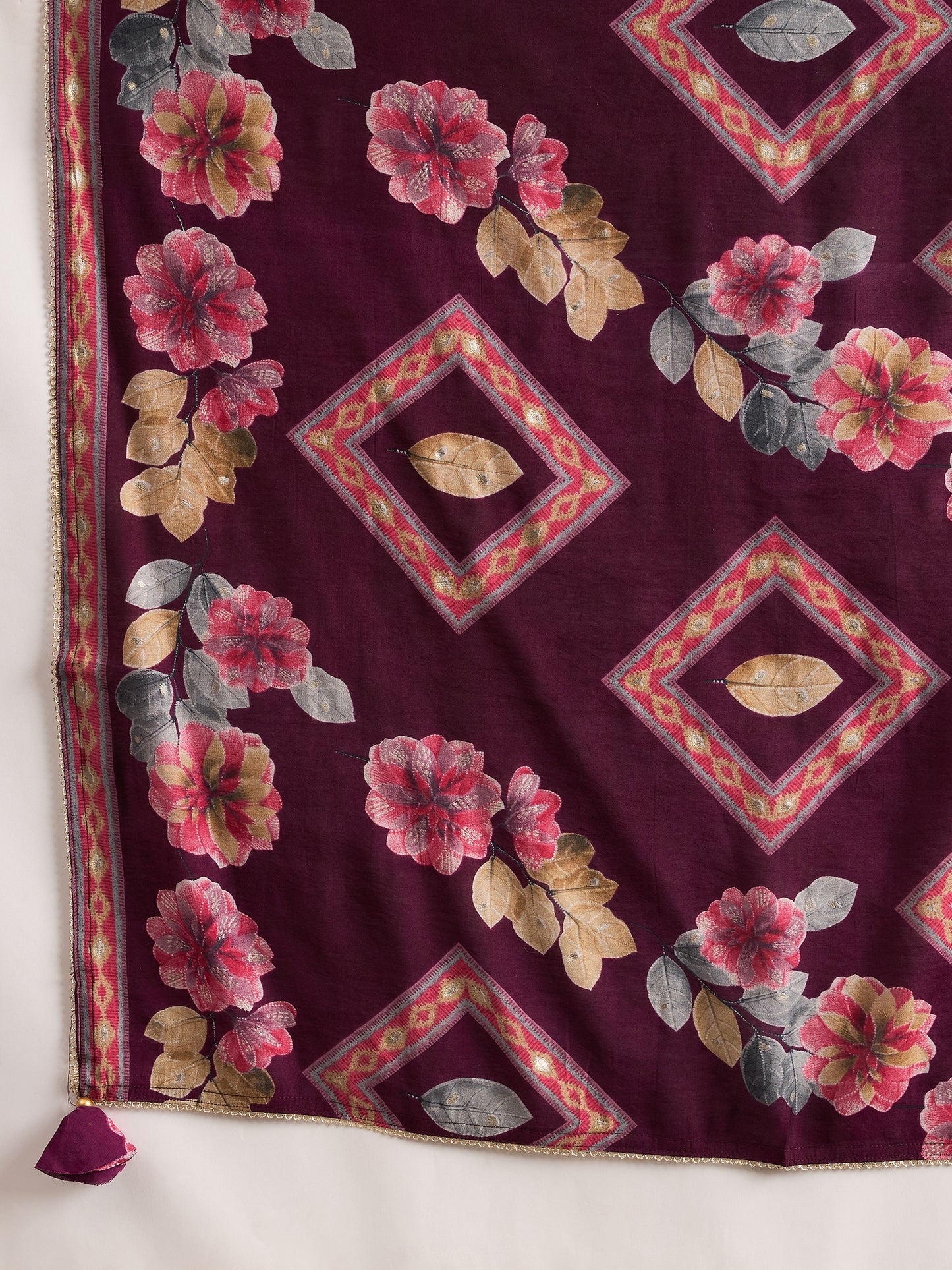 Floral Printed Pleated Chanderi Silk A-Line Kurta with Trousers & Dupatta