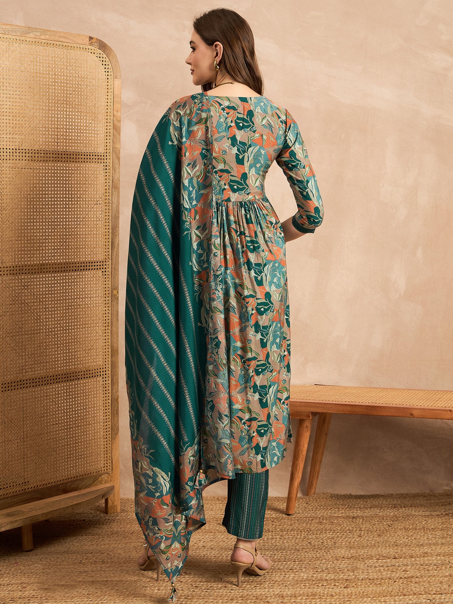 Floral Embroidered Pleated Chanderi Silk A-Line Kurta with Trousers & Dupatta