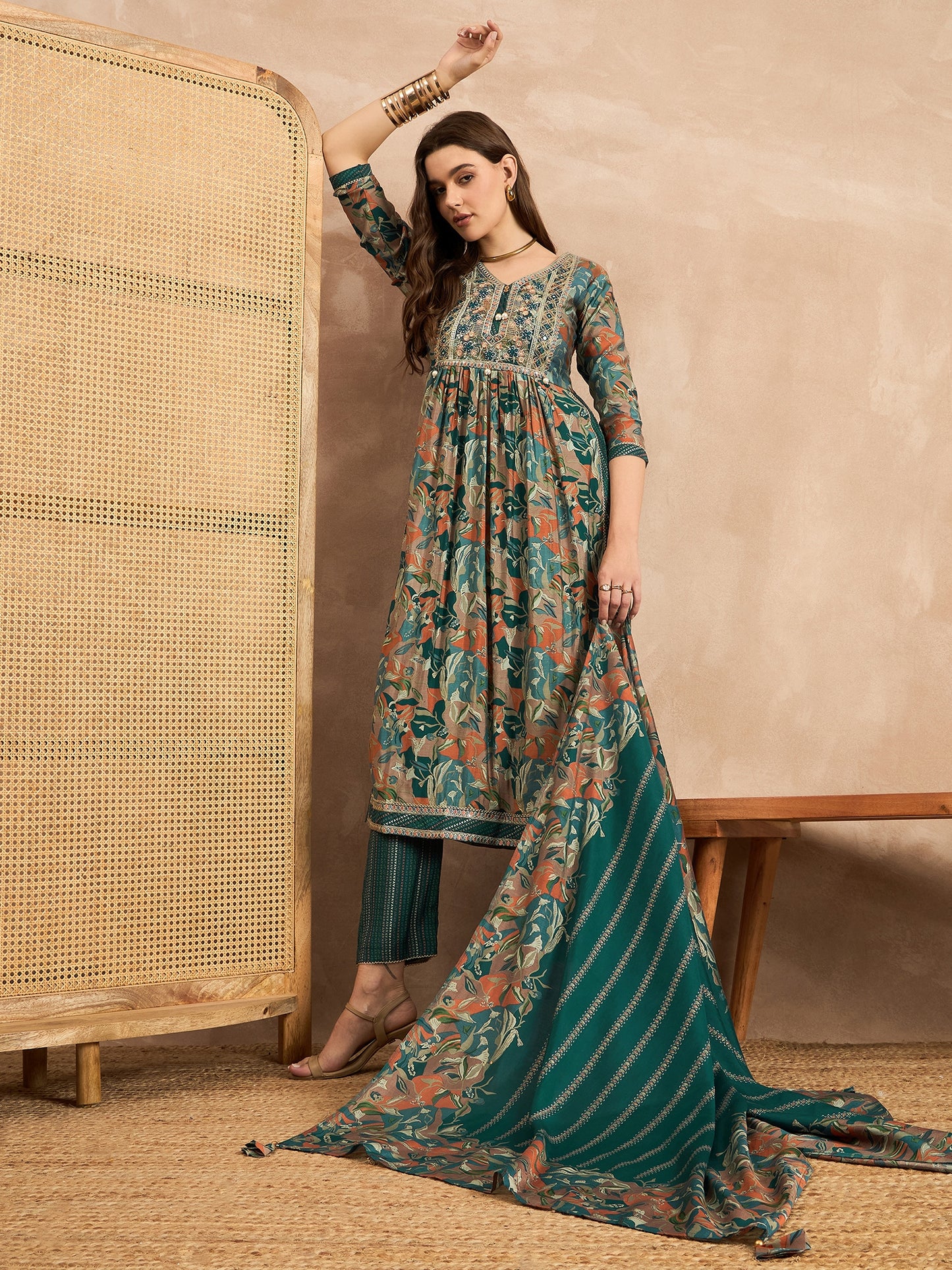 Floral Embroidered Pleated Chanderi Silk A-Line Kurta with Trousers & Dupatta
