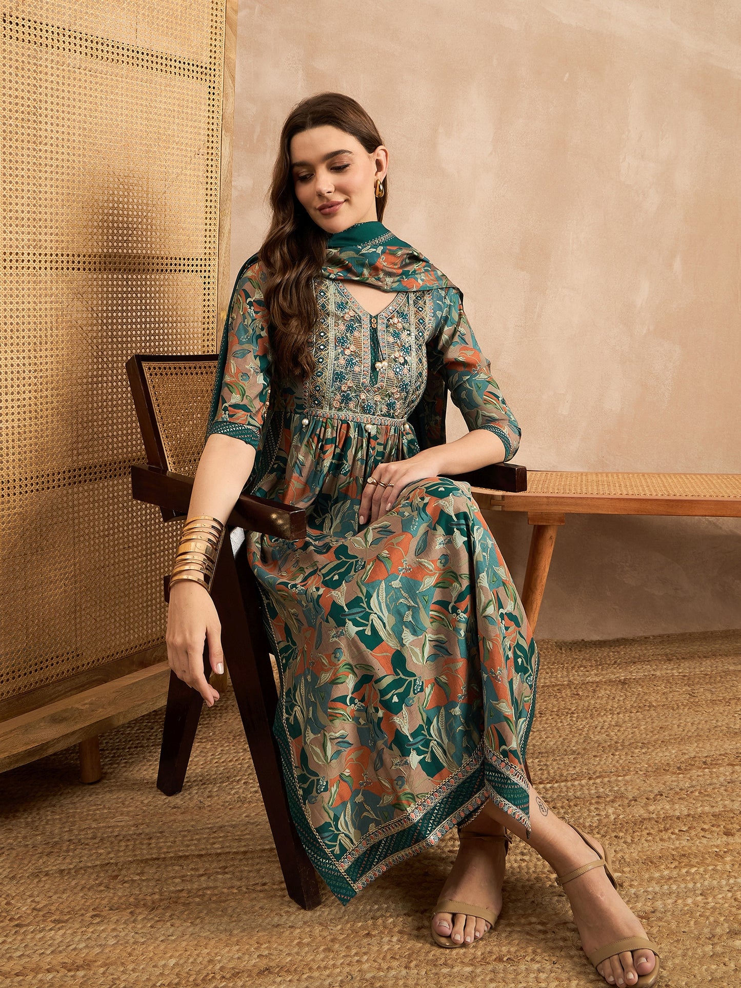 Floral Embroidered Pleated Chanderi Silk A-Line Kurta with Trousers & Dupatta