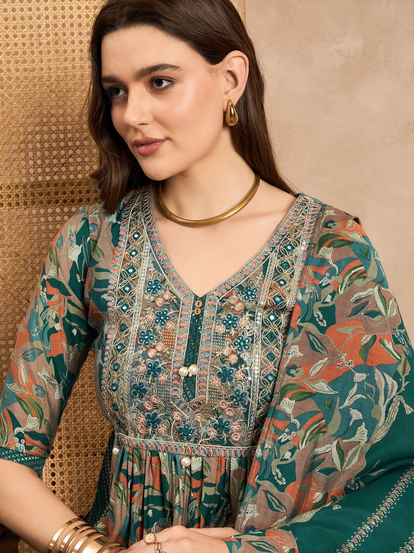 Floral Embroidered Pleated Chanderi Silk A-Line Kurta with Trousers & Dupatta