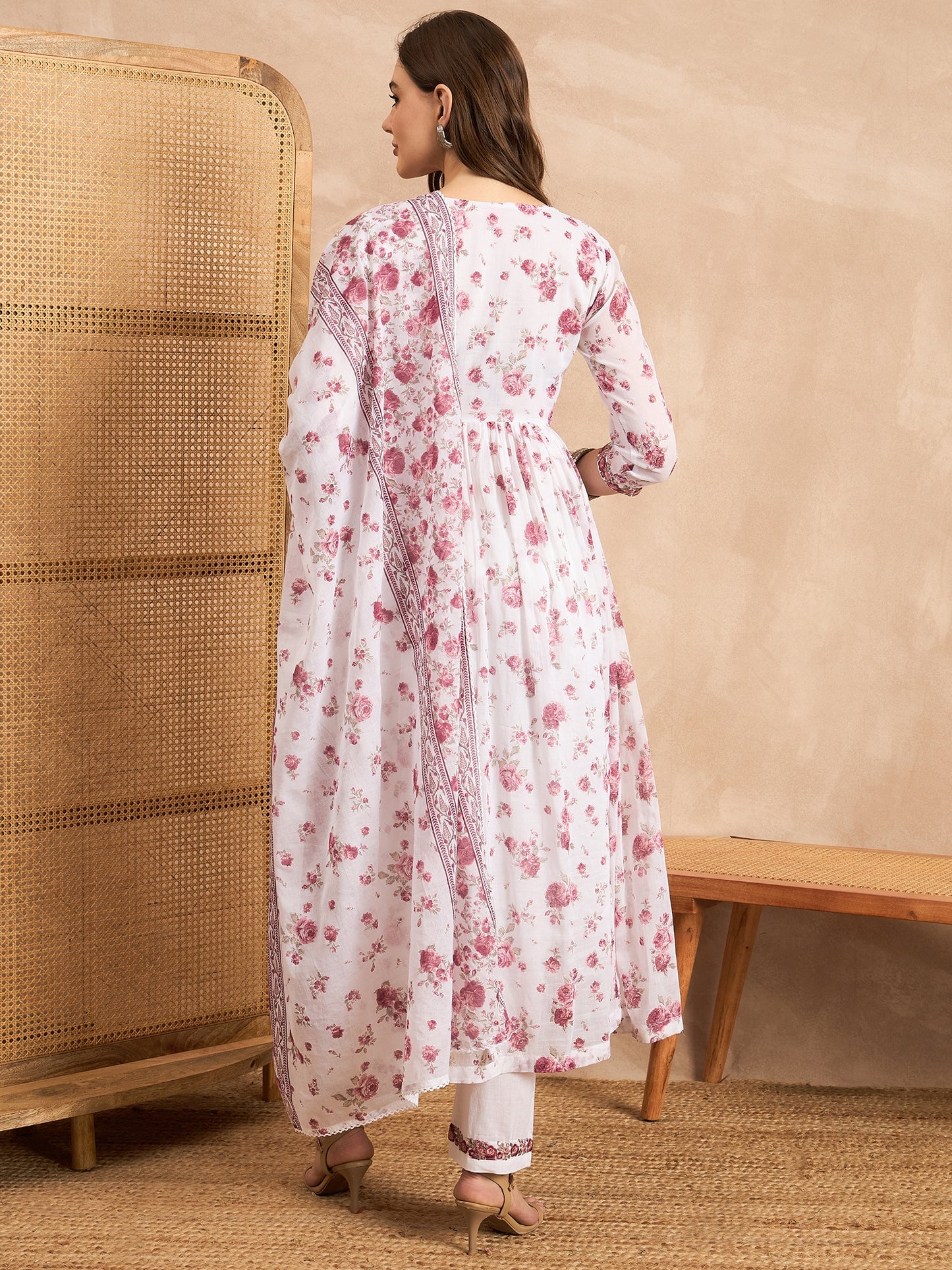Floral Printed Empire Sequinned Anarkali Kurta with Trousers & Dupatta