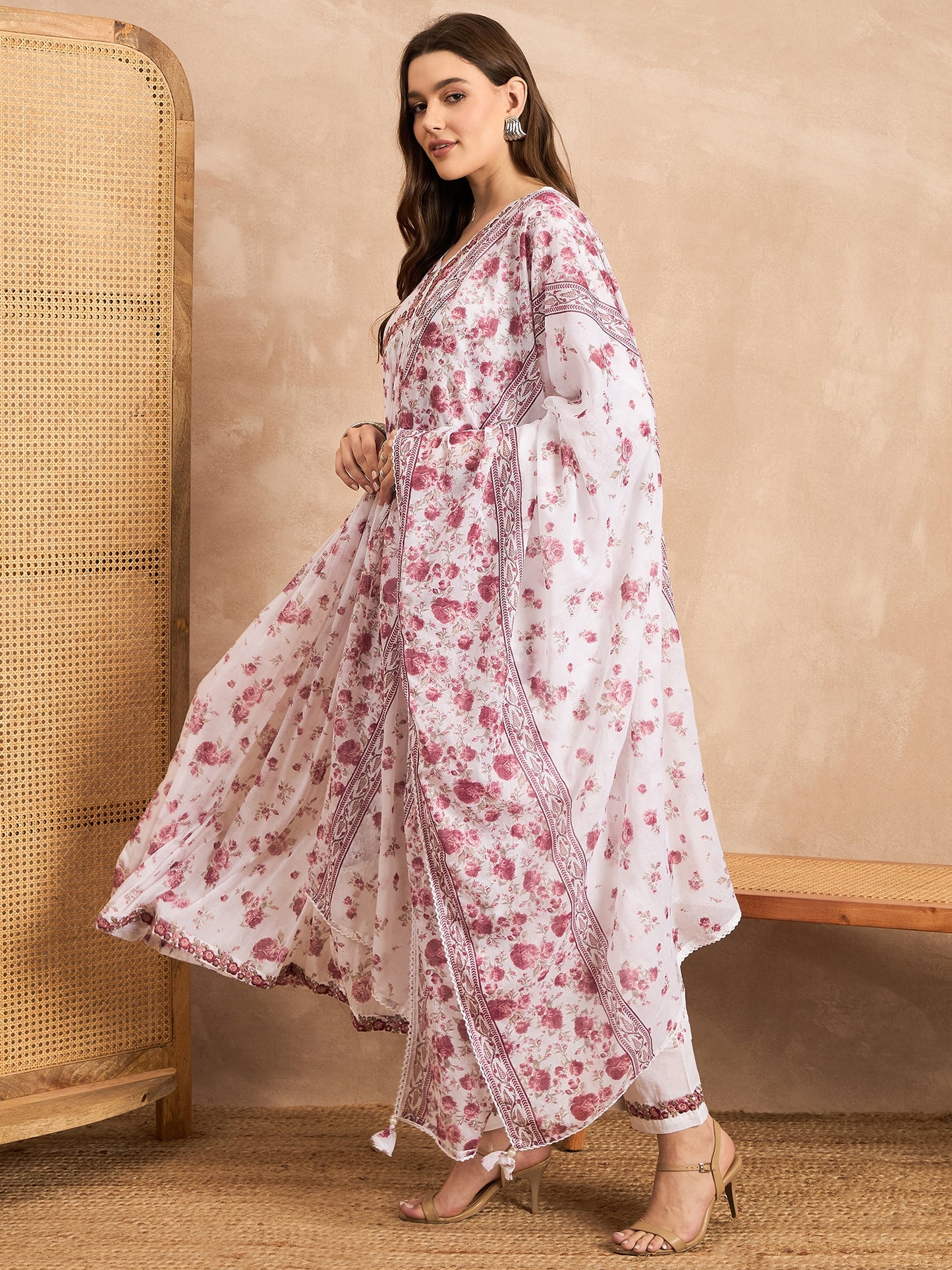 Floral Printed Empire Sequinned Anarkali Kurta with Trousers & Dupatta