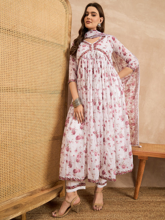 Floral Printed Empire Sequinned Anarkali Kurta with Trousers & Dupatta