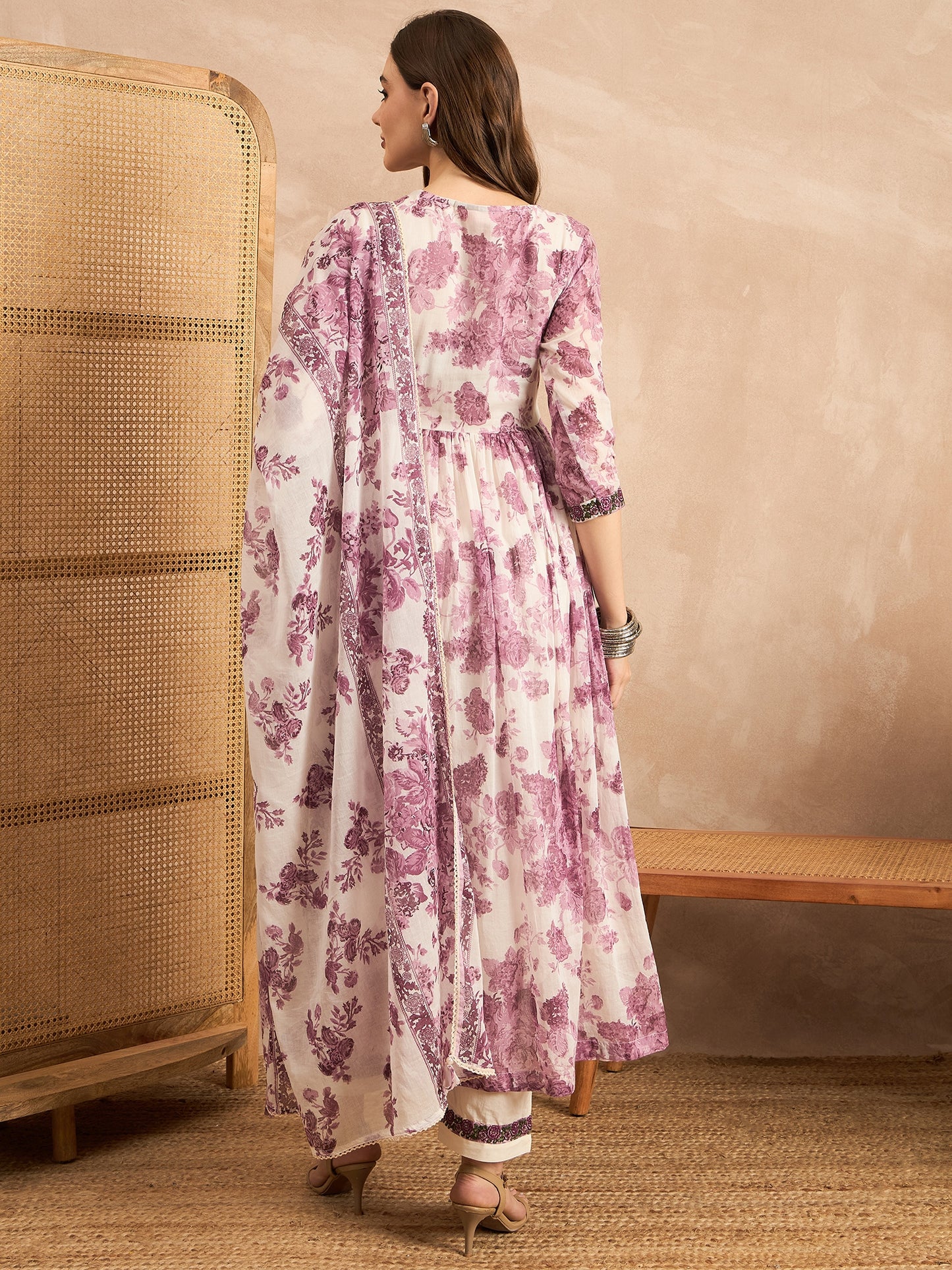 Floral Printed Empire Sequinned Anarkali Kurta with Trousers & Dupatta