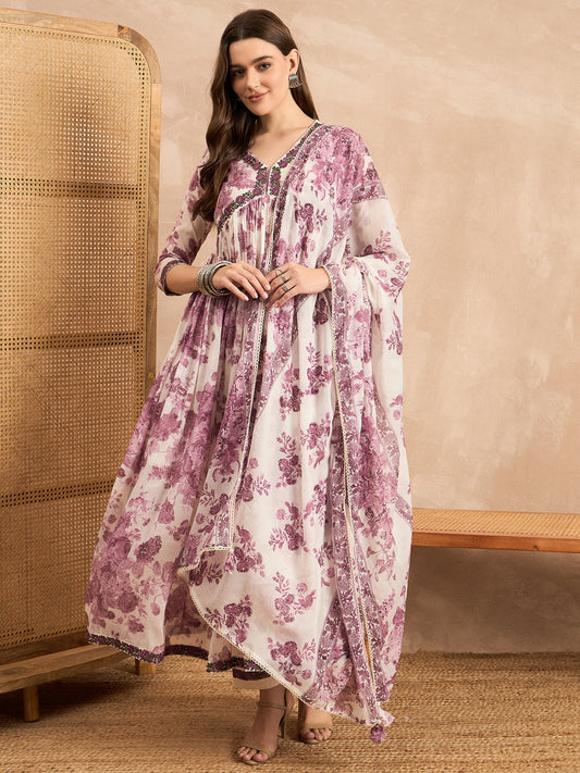 Floral Printed Empire Sequinned Anarkali Kurta with Trousers & Dupatta